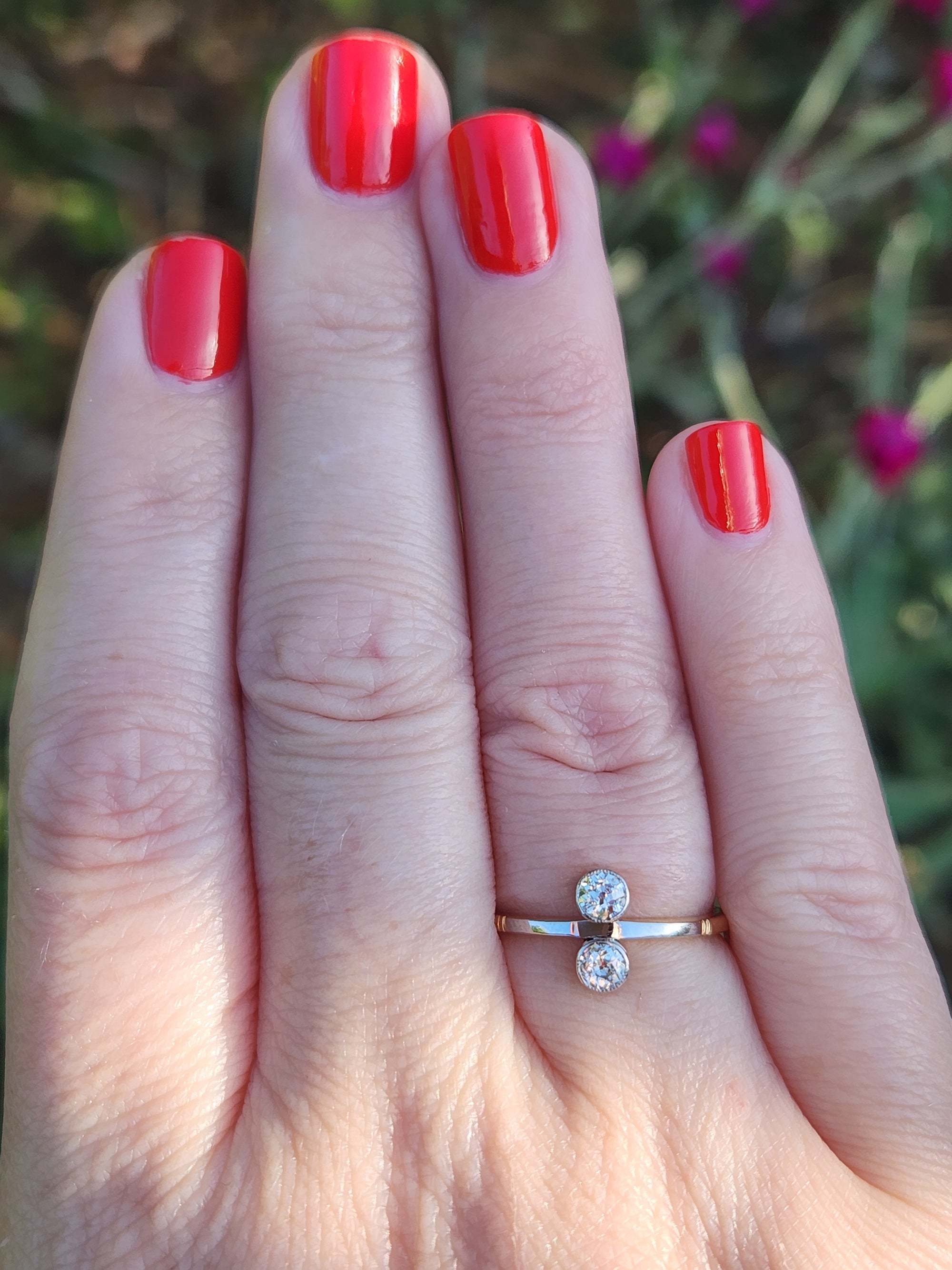 Edwardian Moi et Toi Old European Cut Diamond Ring in Platinum and 18k Gold