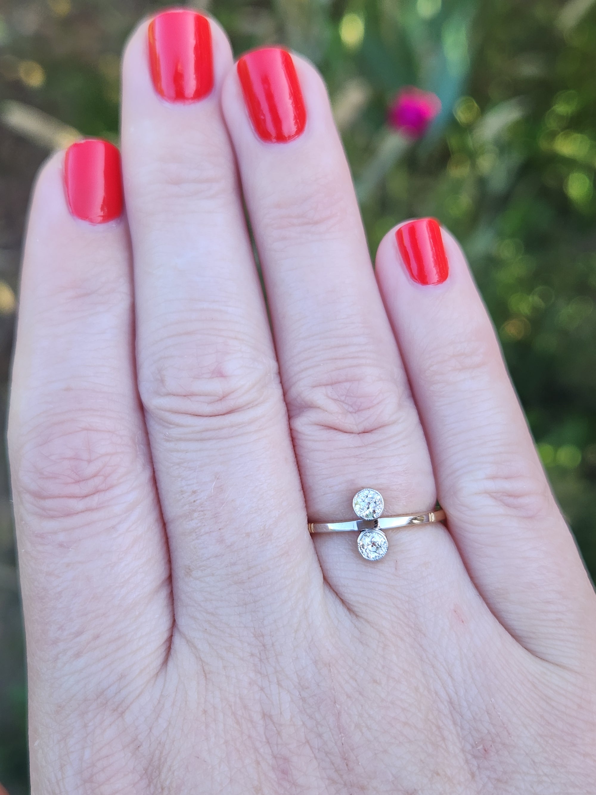 Edwardian Moi et Toi Old European Cut Diamond Ring in Platinum and 18k Gold