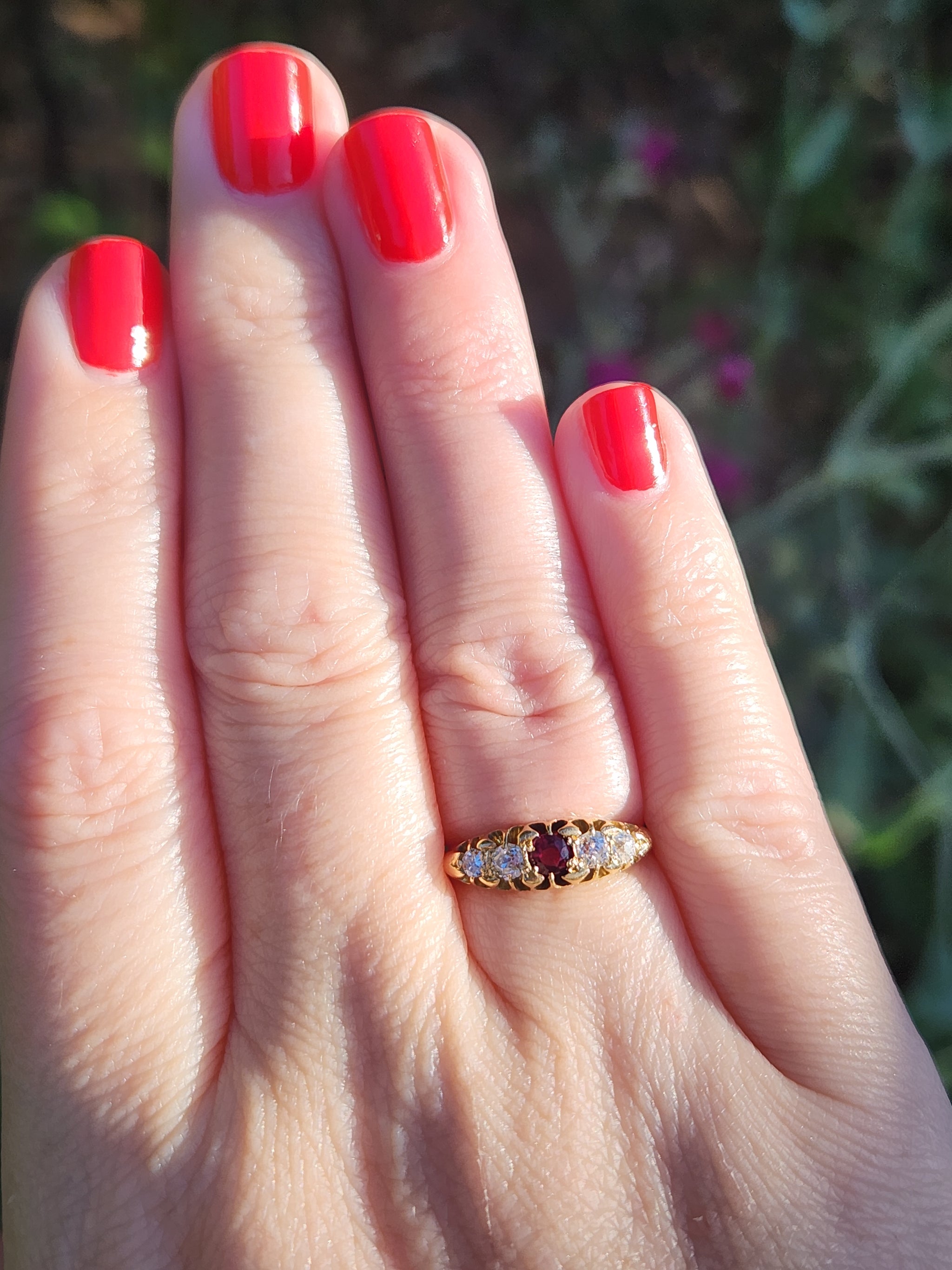 Victorian Ruby and Old Mine Cut Diamond Band Ring in 18k Yellow Gold