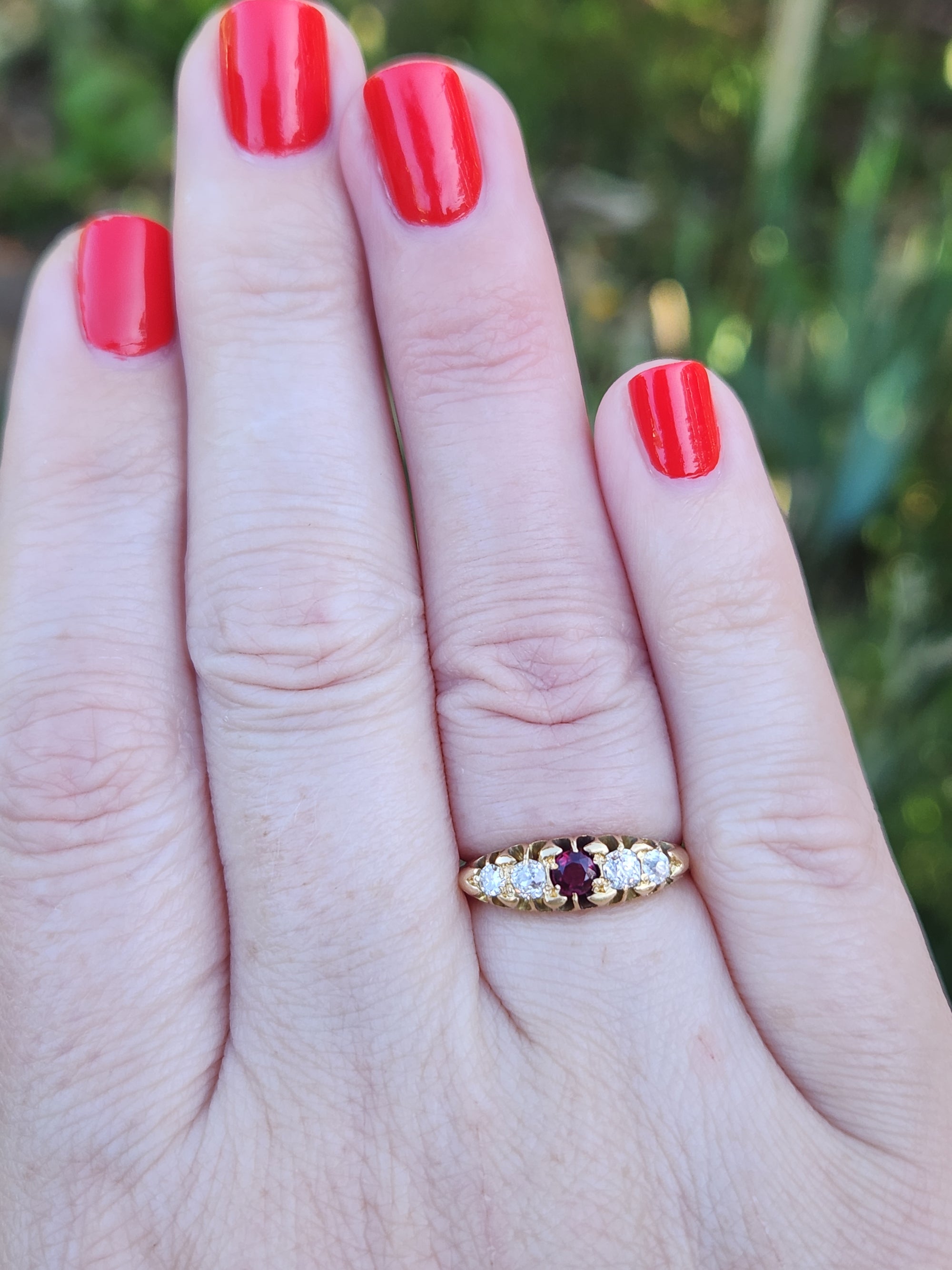 Victorian Ruby and Old Mine Cut Diamond Band Ring in 18k Yellow Gold