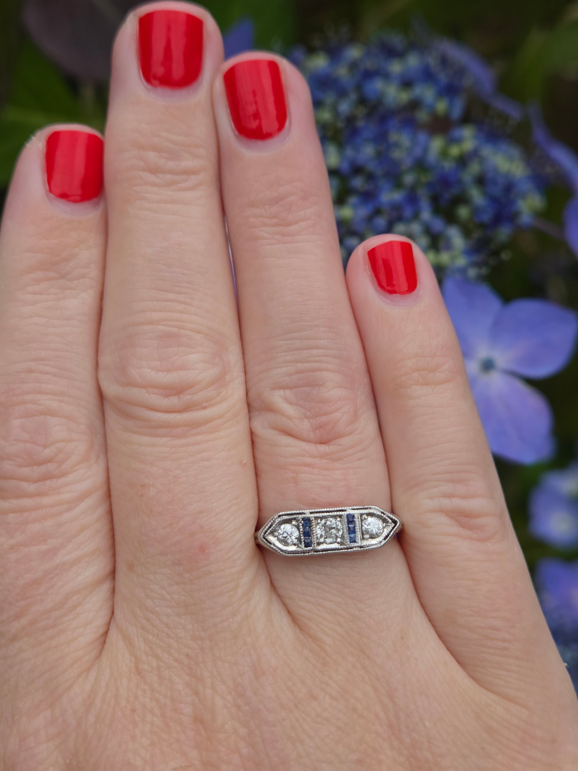 Art Deco Old European Cut Diamond and Sapphire Band Ring in Platinum