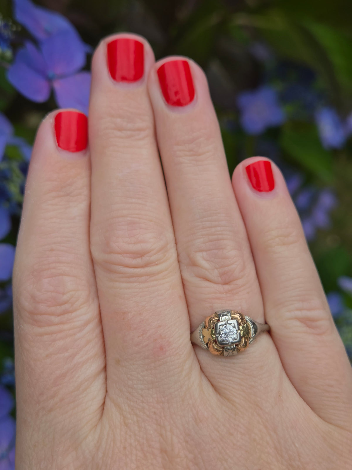 Art Deco Tri Color Old European Cut Diamond Engagement Ring in 14k Rose White and Yellow Gold