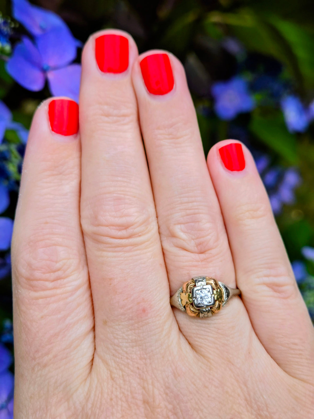 Art Deco Tri Color Old European Cut Diamond Engagement Ring in 14k Rose White and Yellow Gold