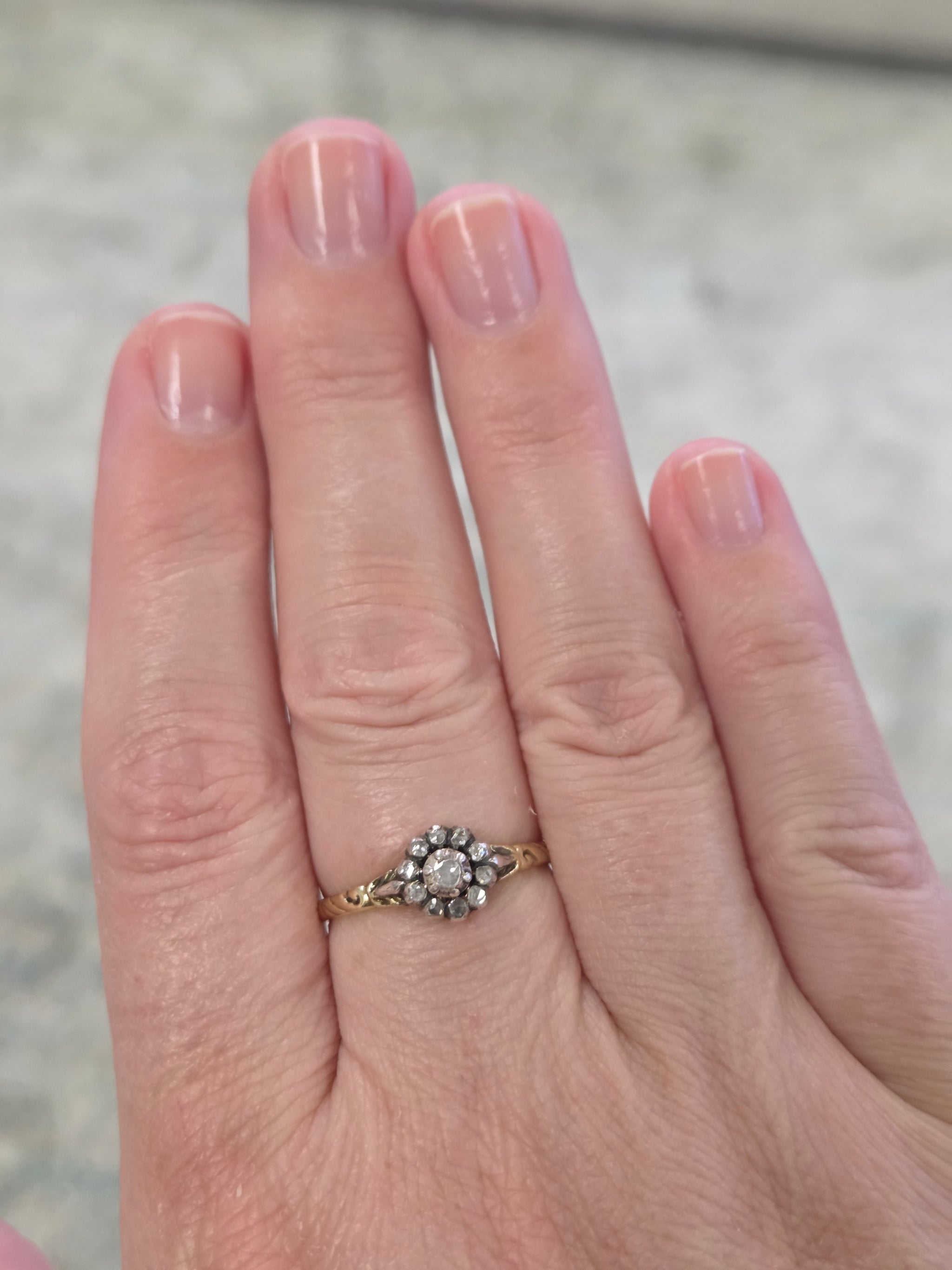 Petite Victorian Rose Cut Diamond Engraved Ring in Silver and 14k Yellow Gold