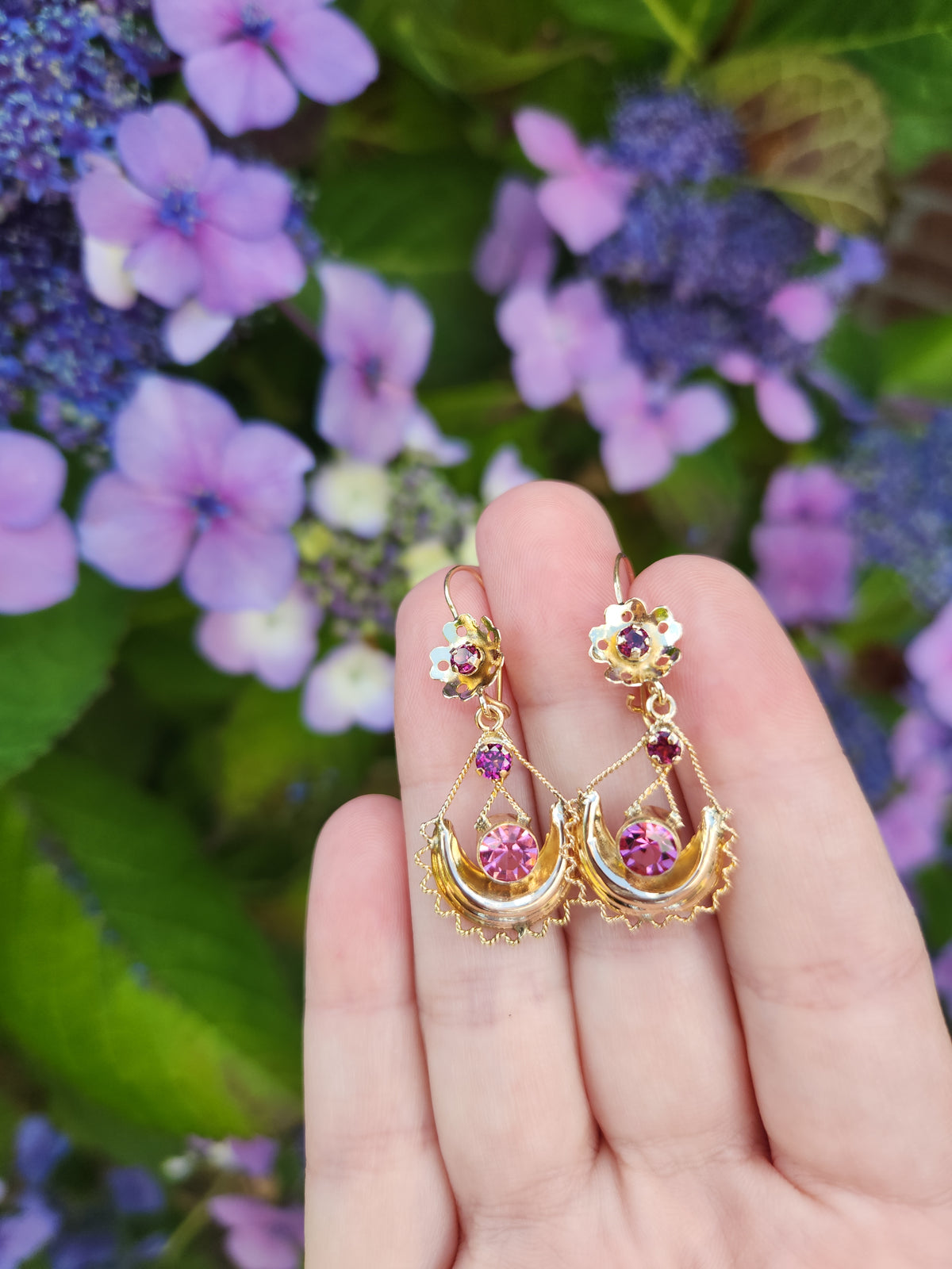 Victorian Garnet and Glass Flower Dangle Earrings in 10k Yellow Gold