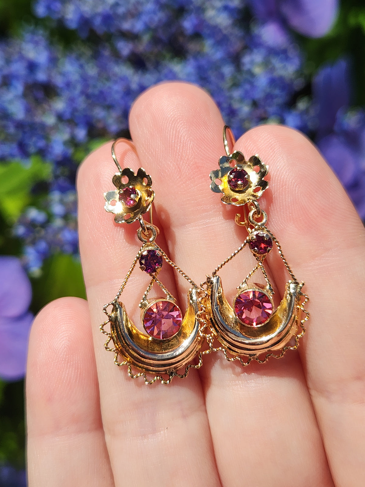 Victorian Garnet and Glass Flower Dangle Earrings in 10k Yellow Gold