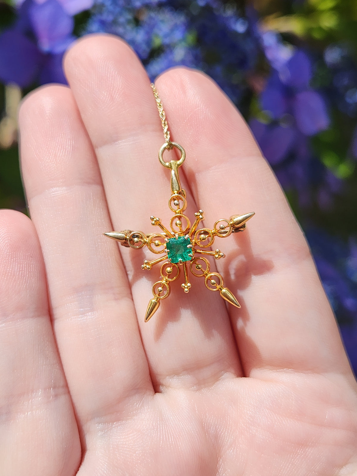 Antique Victorian Emerald Star Pendant Necklace in 14k Yellow Gold