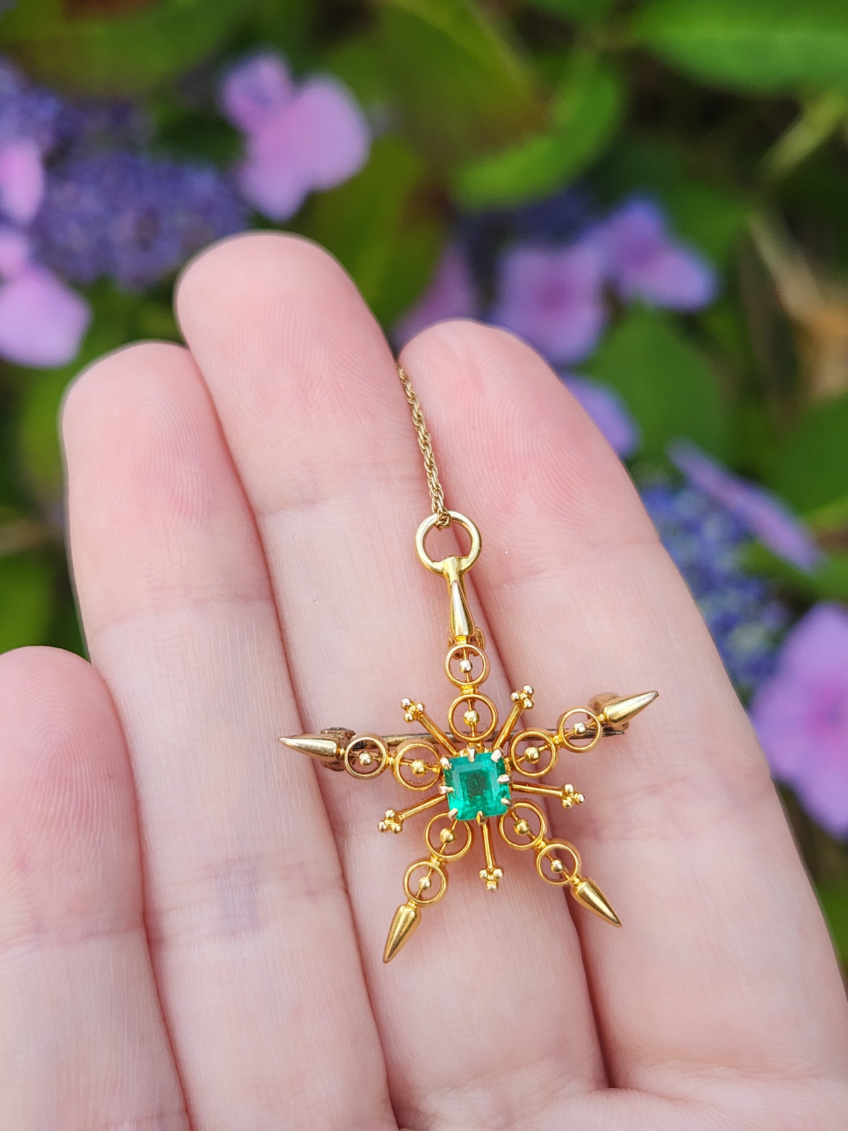 Antique Victorian Emerald Star Pendant Necklace in 14k Yellow Gold