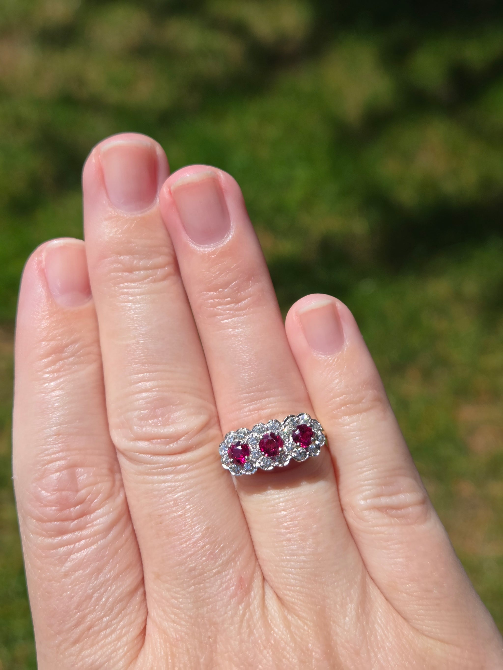 Vintage Ruby and Diamond Three Stone Halo Ring in 14k White & Yellow Gold