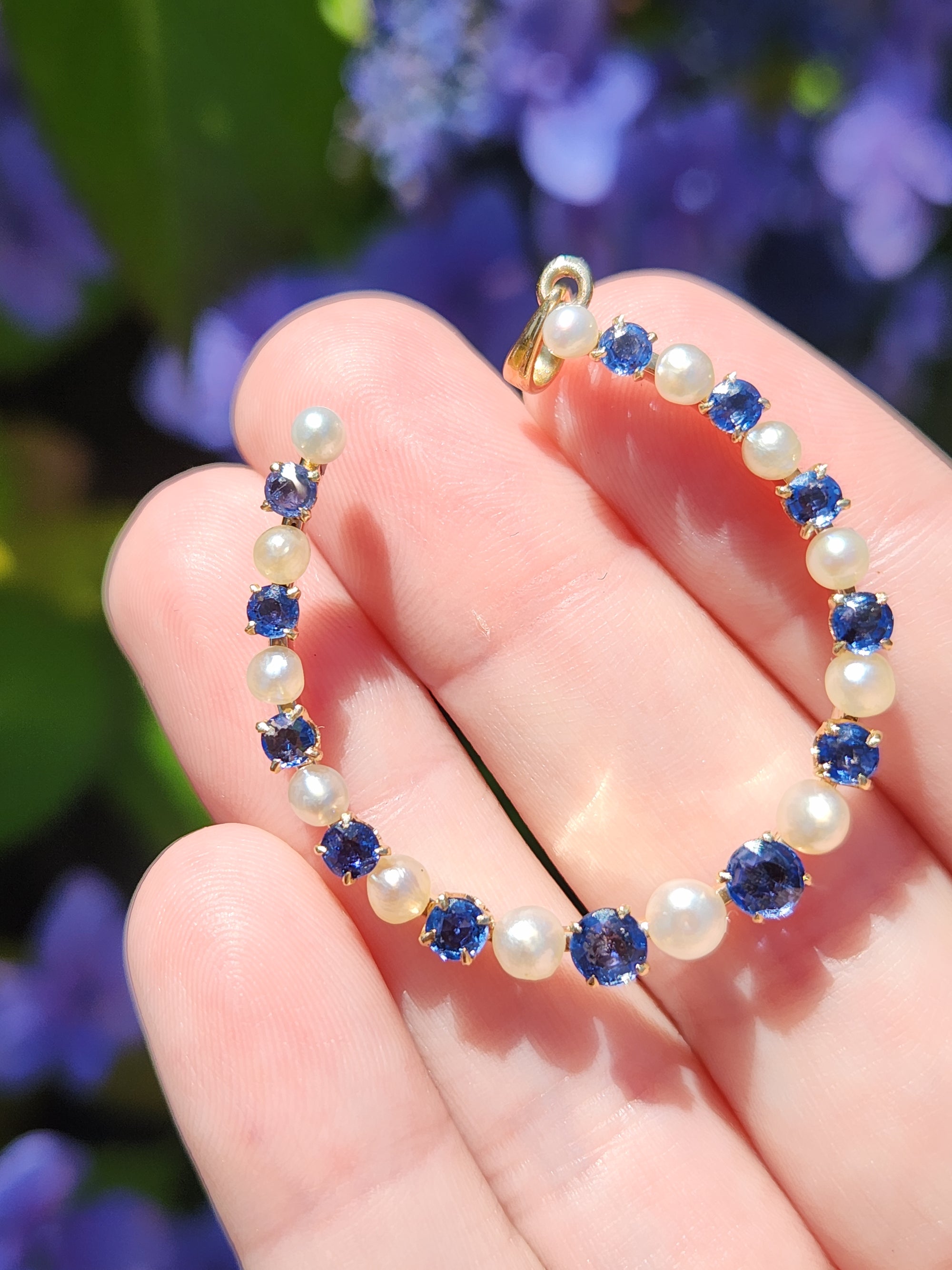 Victorian Yogo Montana Blue Sapphire and Pearl Horseshoe Good Luck Pendant in 14k