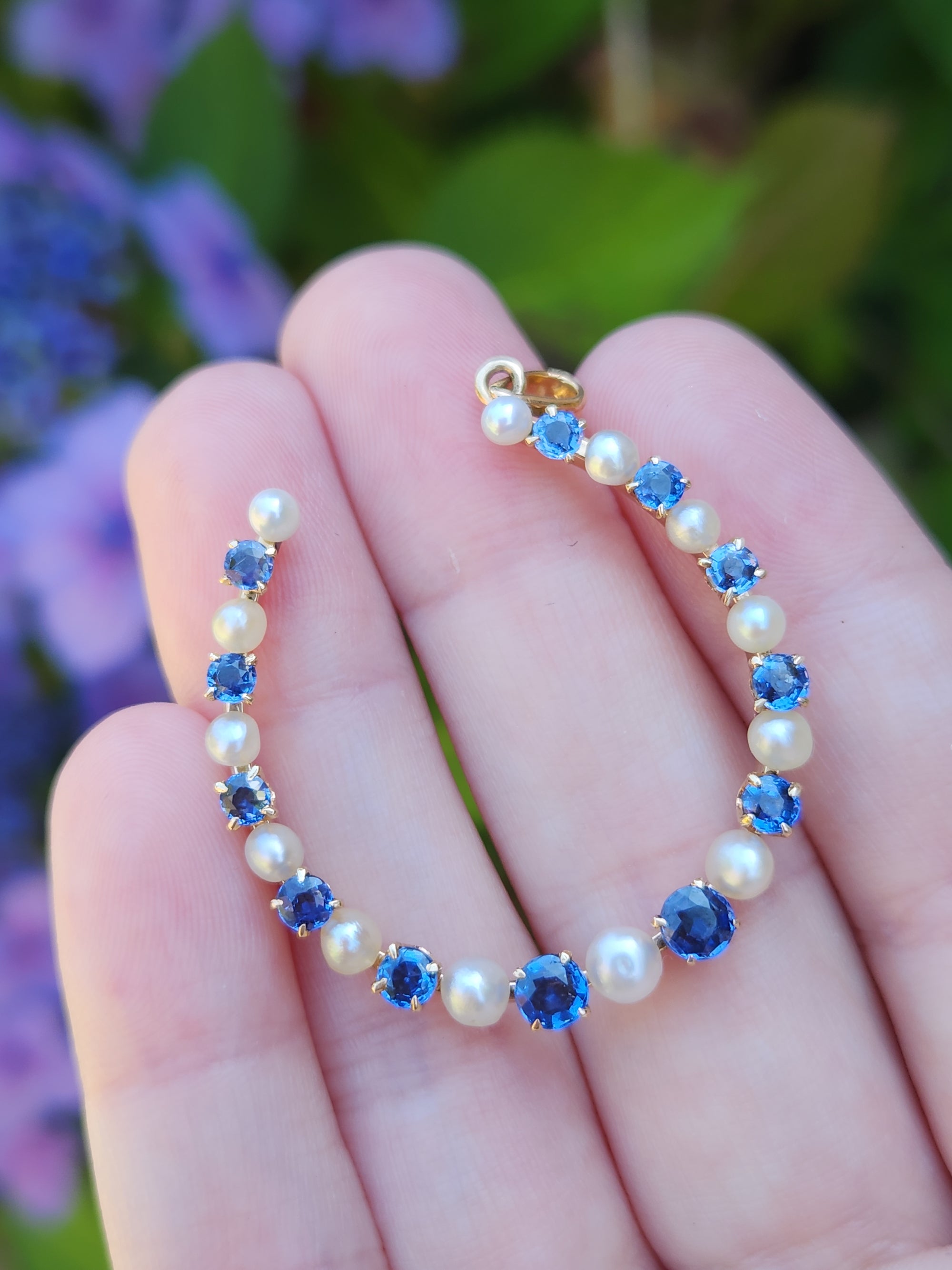 Victorian Yogo Montana Blue Sapphire and Pearl Horseshoe Good Luck Pendant in 14k