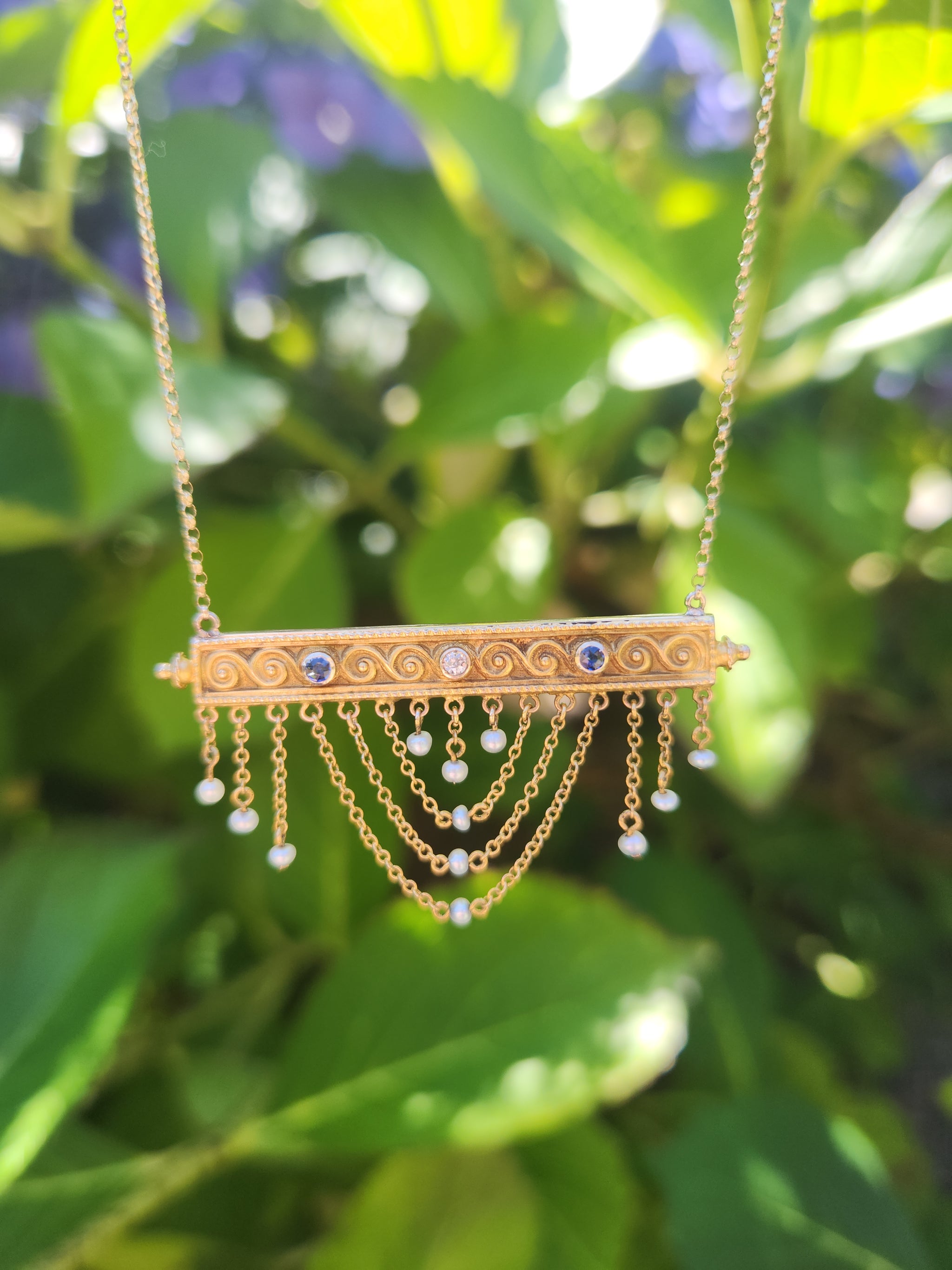  Victorian Sapphire Diamond Pearl Swag Pendant Necklace 10k Gold on 14k Yellow Gold Chain