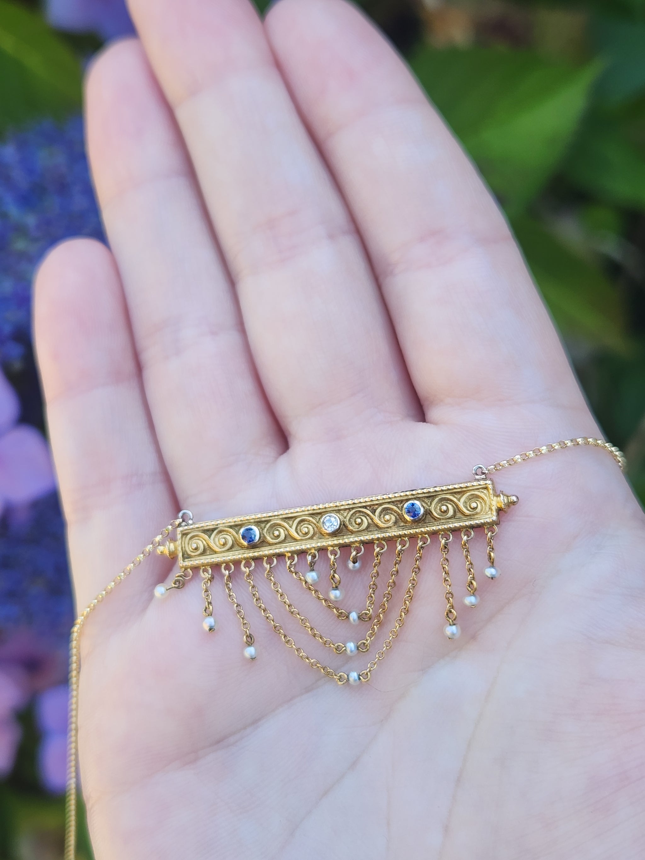  Victorian Sapphire Diamond Pearl Swag Pendant Necklace 10k Gold on 14k Yellow Gold Chain