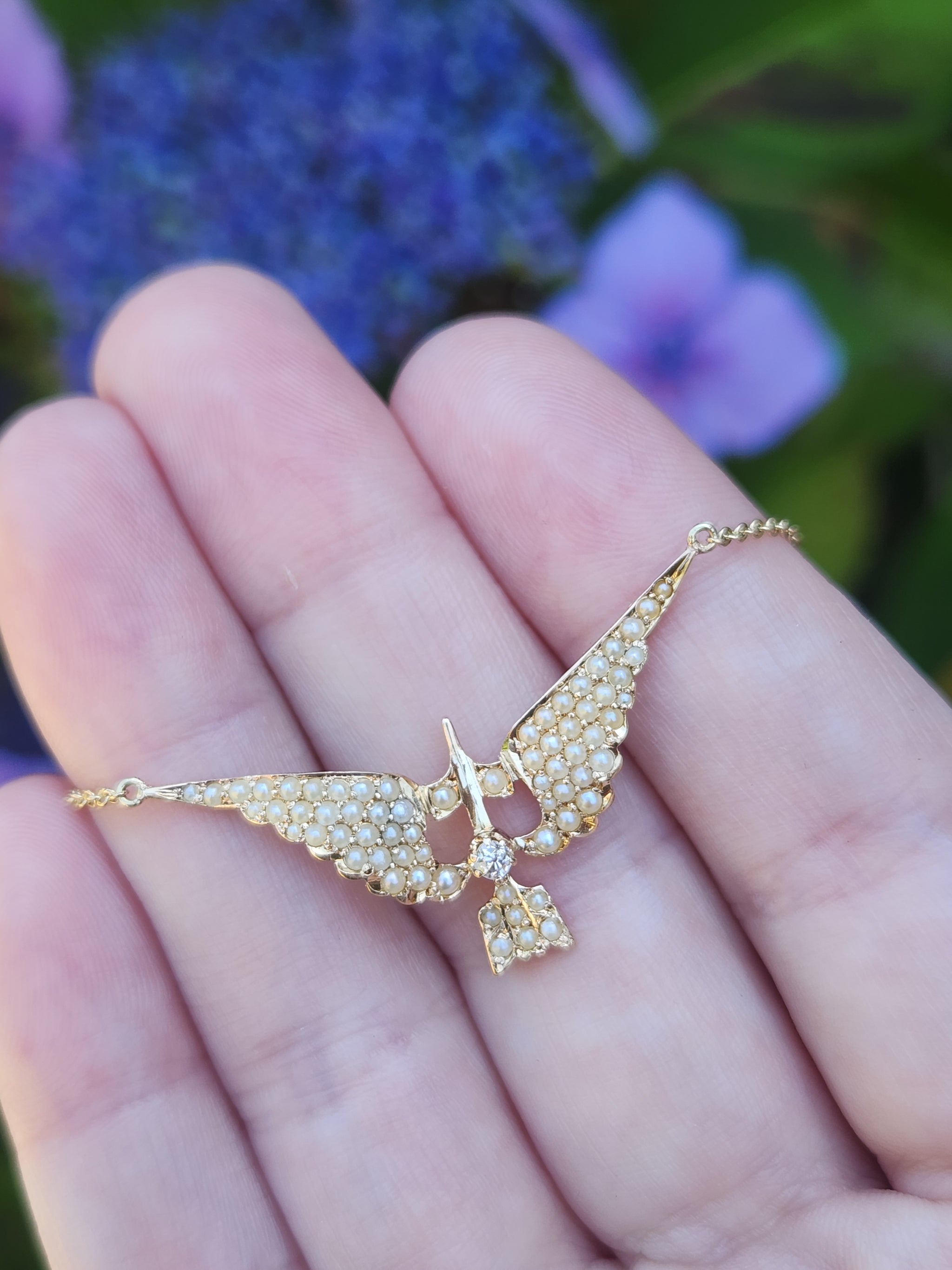 Victorian Old Mine Cut & Seed Pearl Swallow Bird Necklace in 10k with 14k Chain