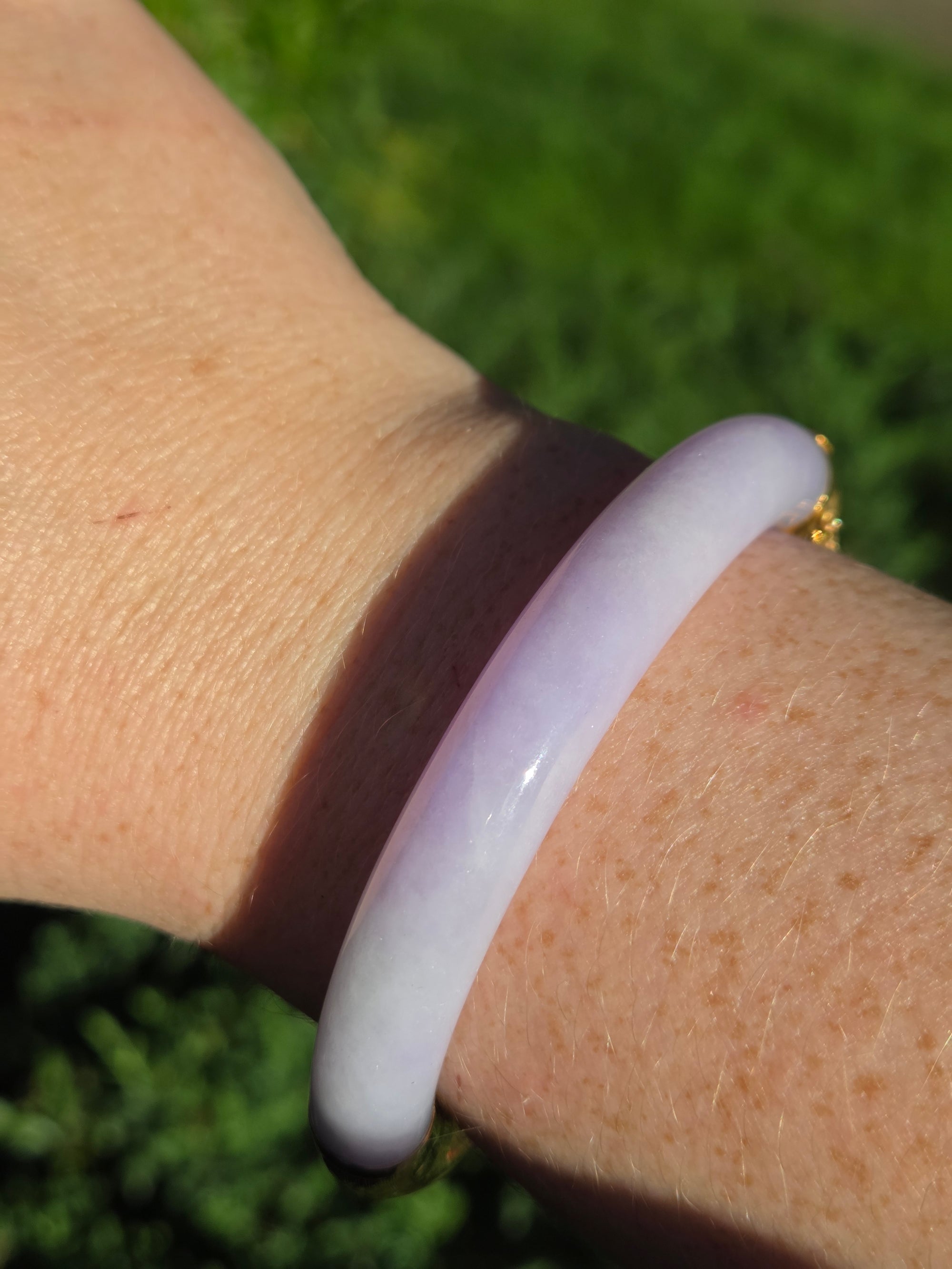 Vibrant Type A Jadeite Jade Lavender and Green Bangle Bracelet in 14k Yellow Gold