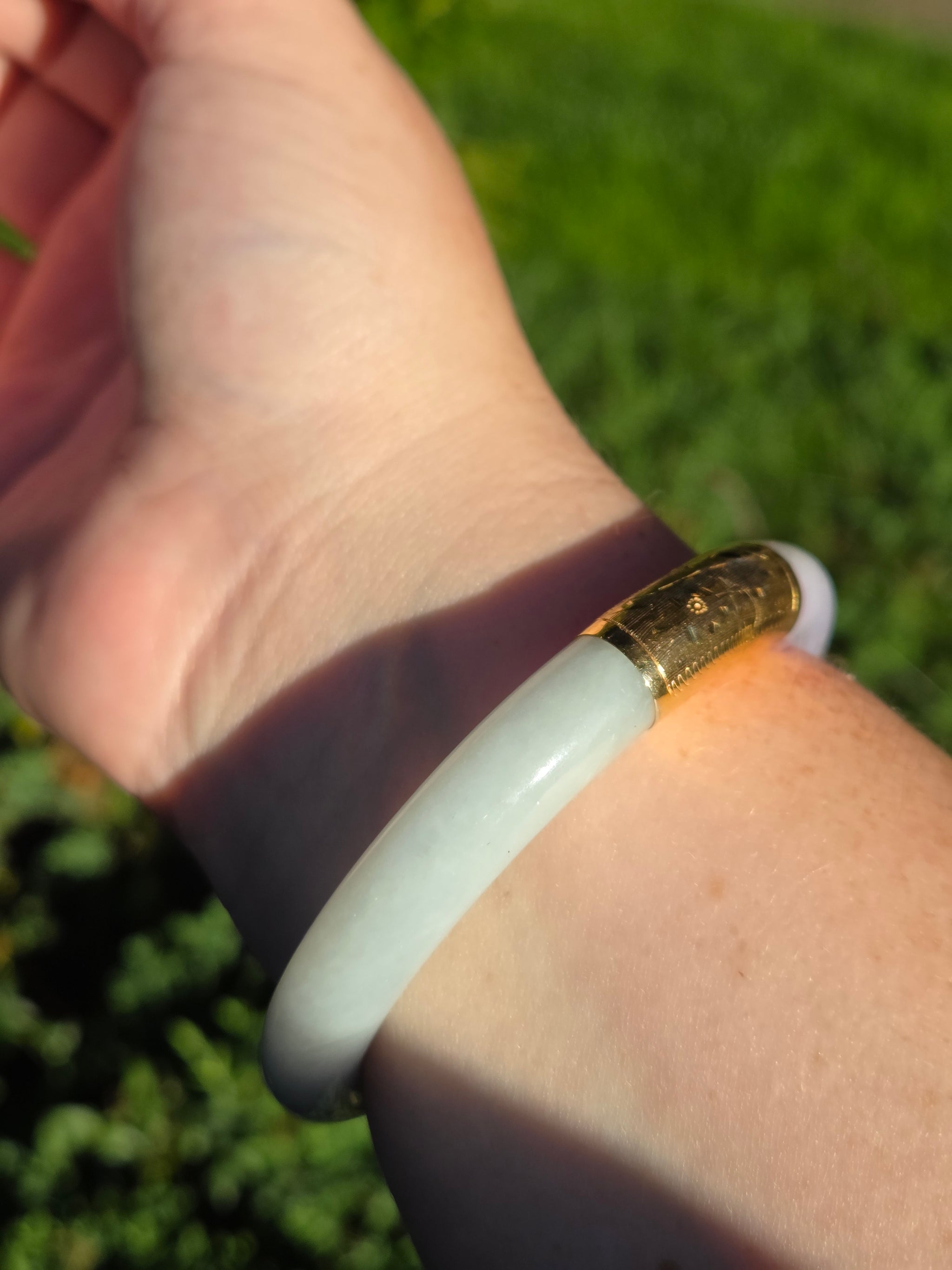 Vibrant Type A Jadeite Jade Lavender and Green Bangle Bracelet in 14k Yellow Gold