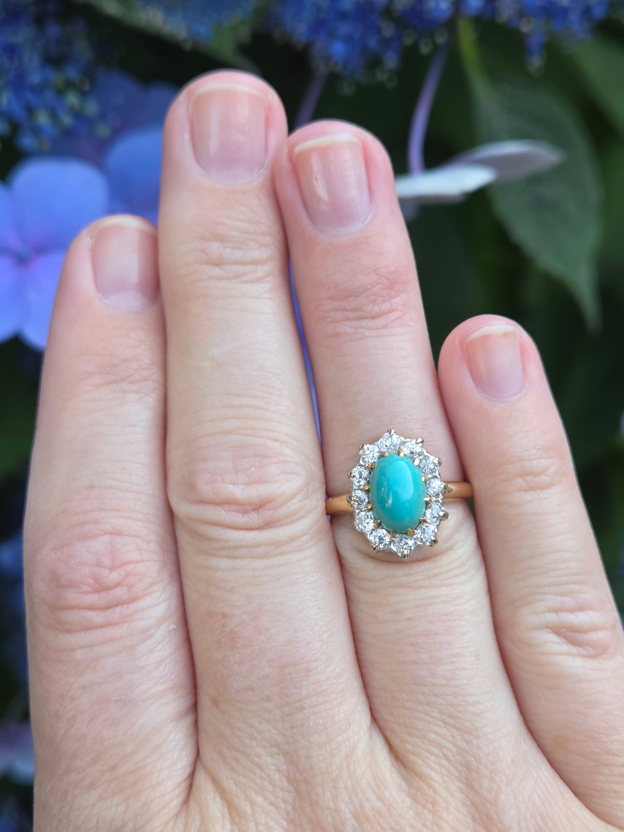 Victorian Oval Turquoise and Old Mine Cut Diamond Halo Ring in 14k Yellow Gold