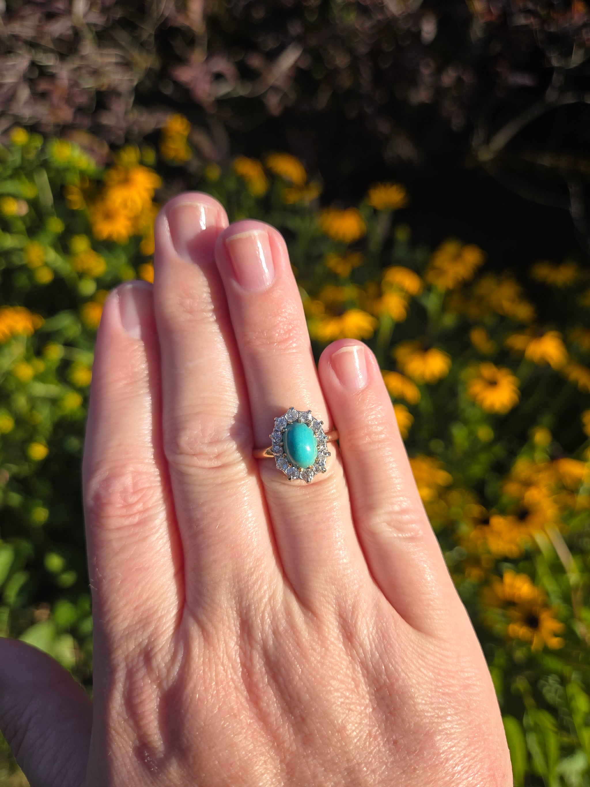Victorian Oval Turquoise and Old Mine Cut Diamond Halo Ring in 14k Yellow Gold