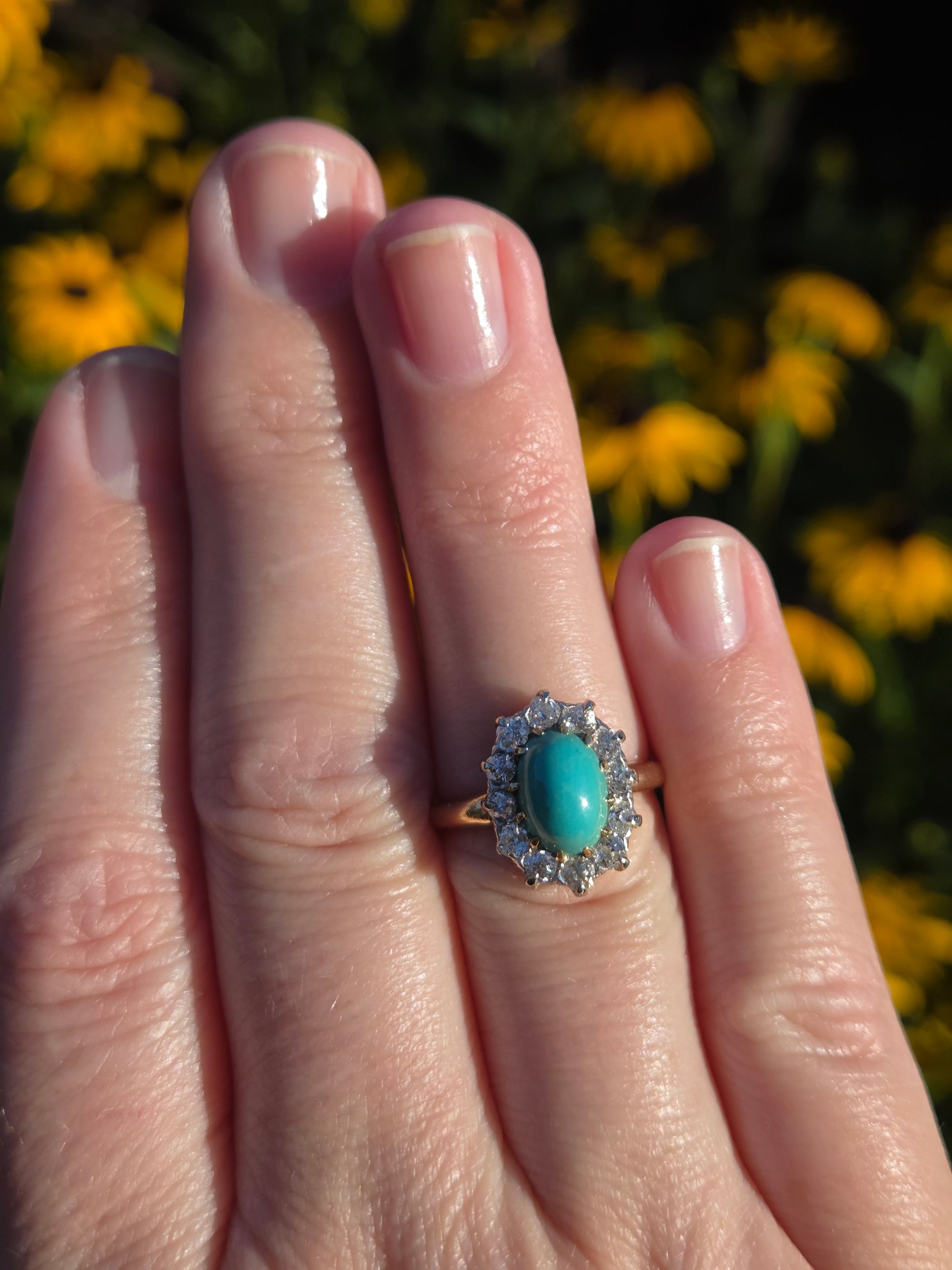 Victorian Oval Turquoise and Old Mine Cut Diamond Halo Ring in 14k Yellow Gold