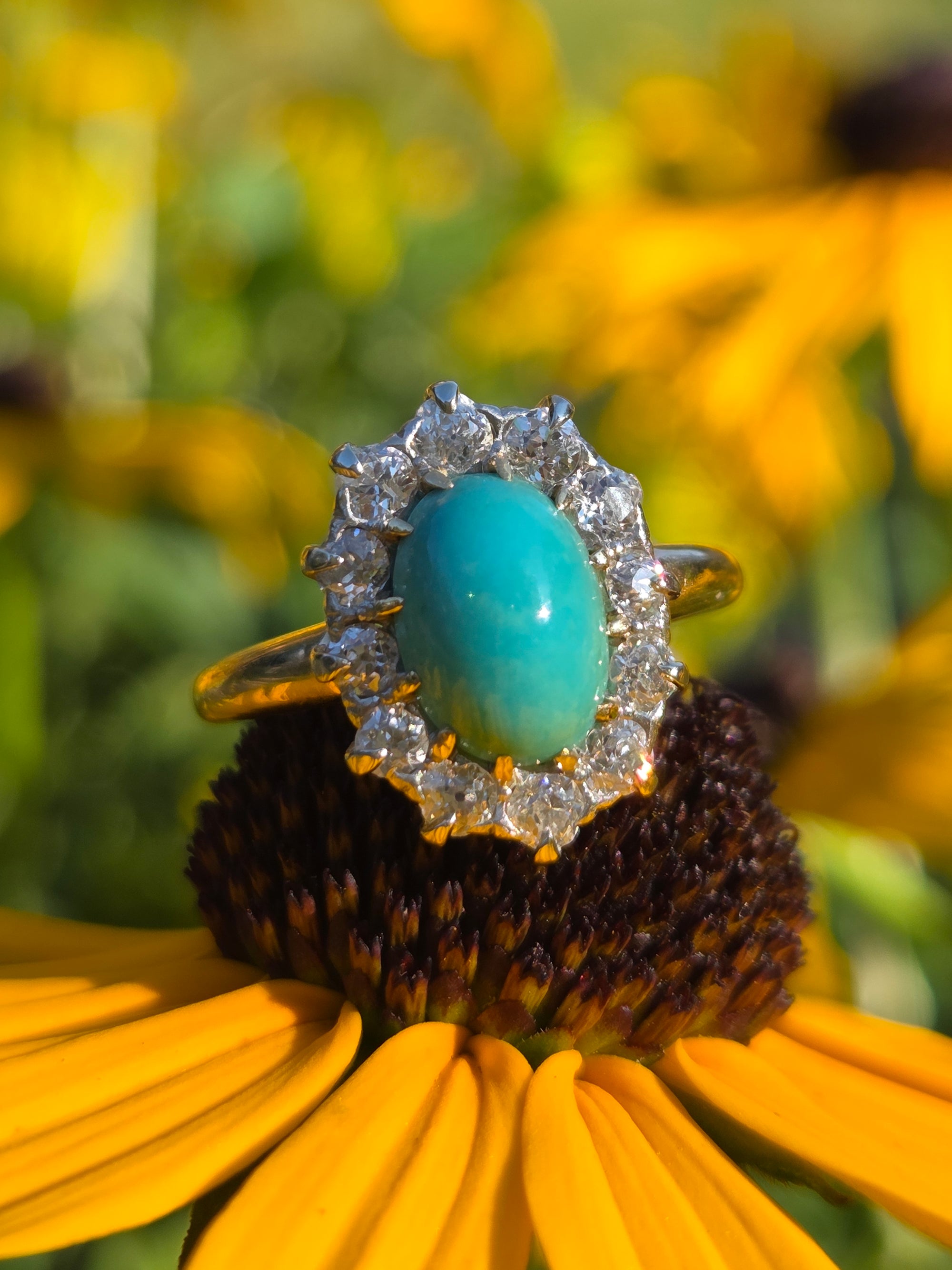 Victorian Oval Turquoise and Old Mine Cut Diamond Halo Ring in 14k Yellow Gold