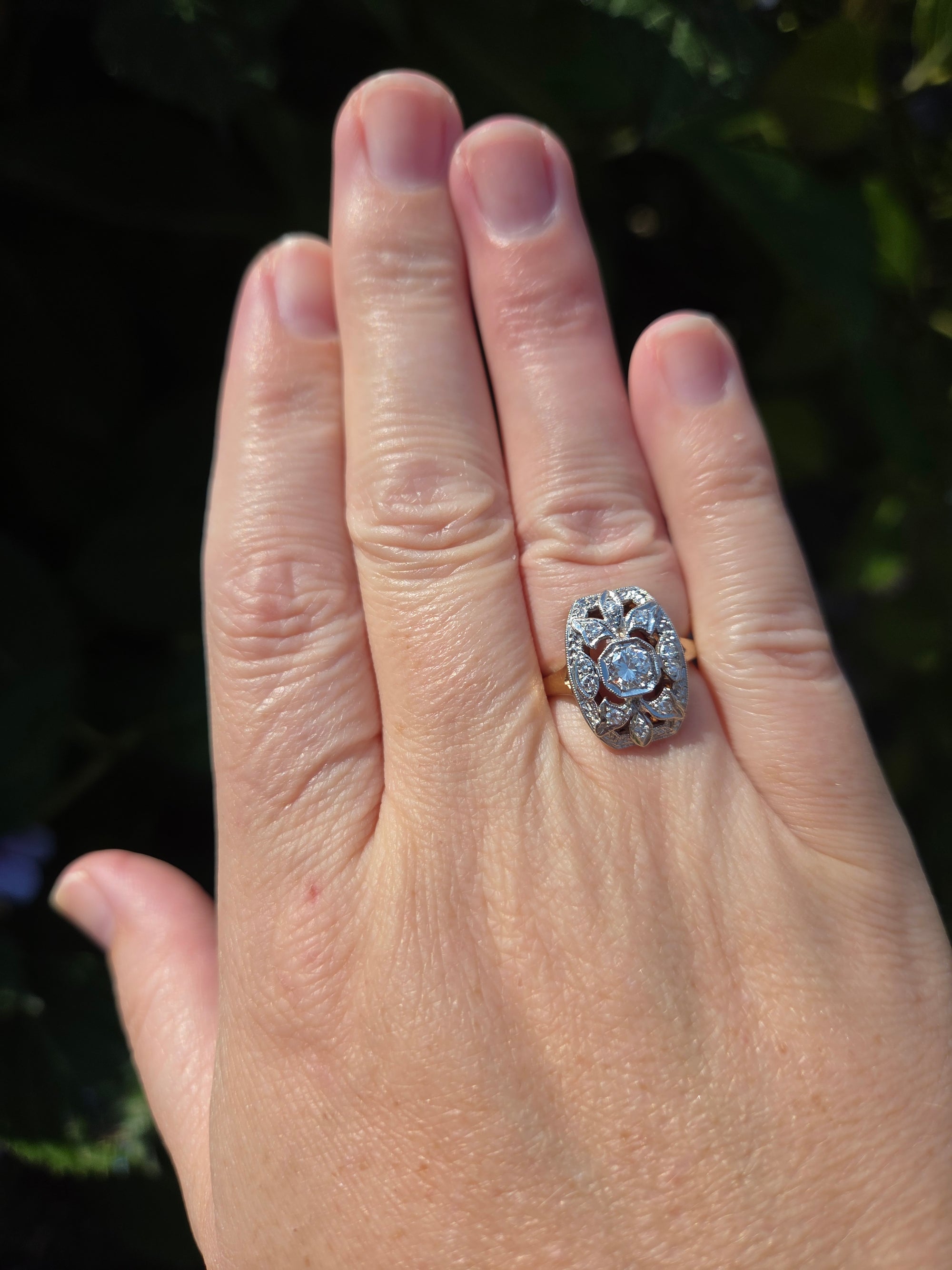 Vintage Diamond Cluster Plaque Ring in 14k White and Yellow Gold