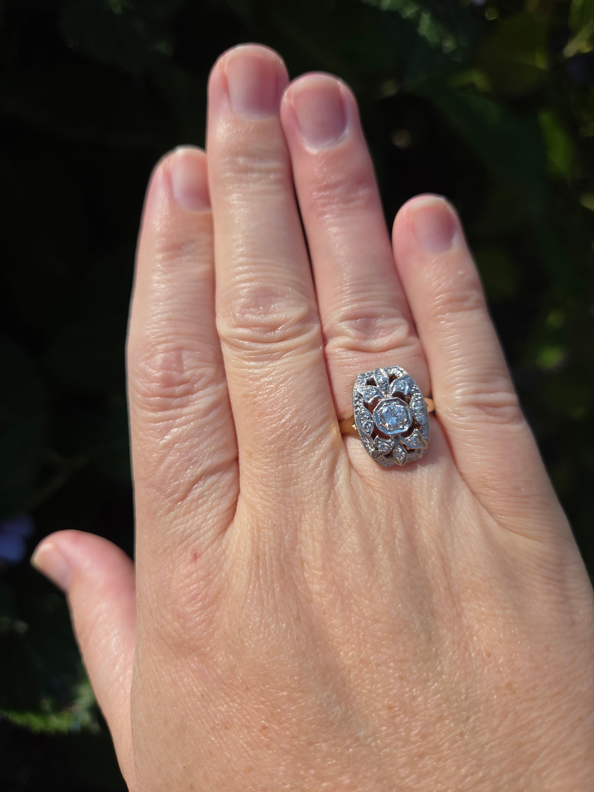 Vintage Diamond Cluster Plaque Ring in 14k White and Yellow Gold