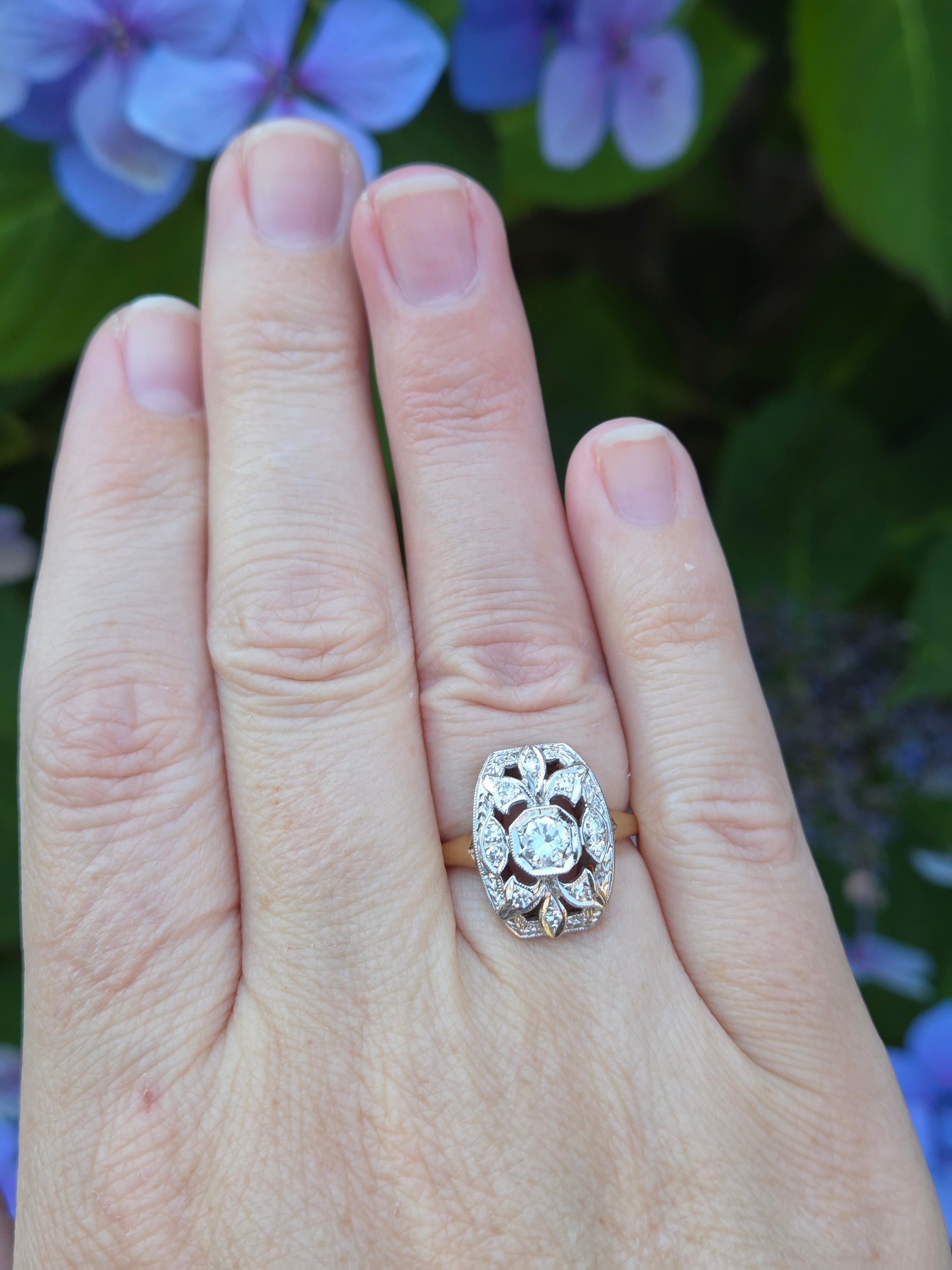 Vintage Diamond Cluster Plaque Ring in 14k White and Yellow Gold