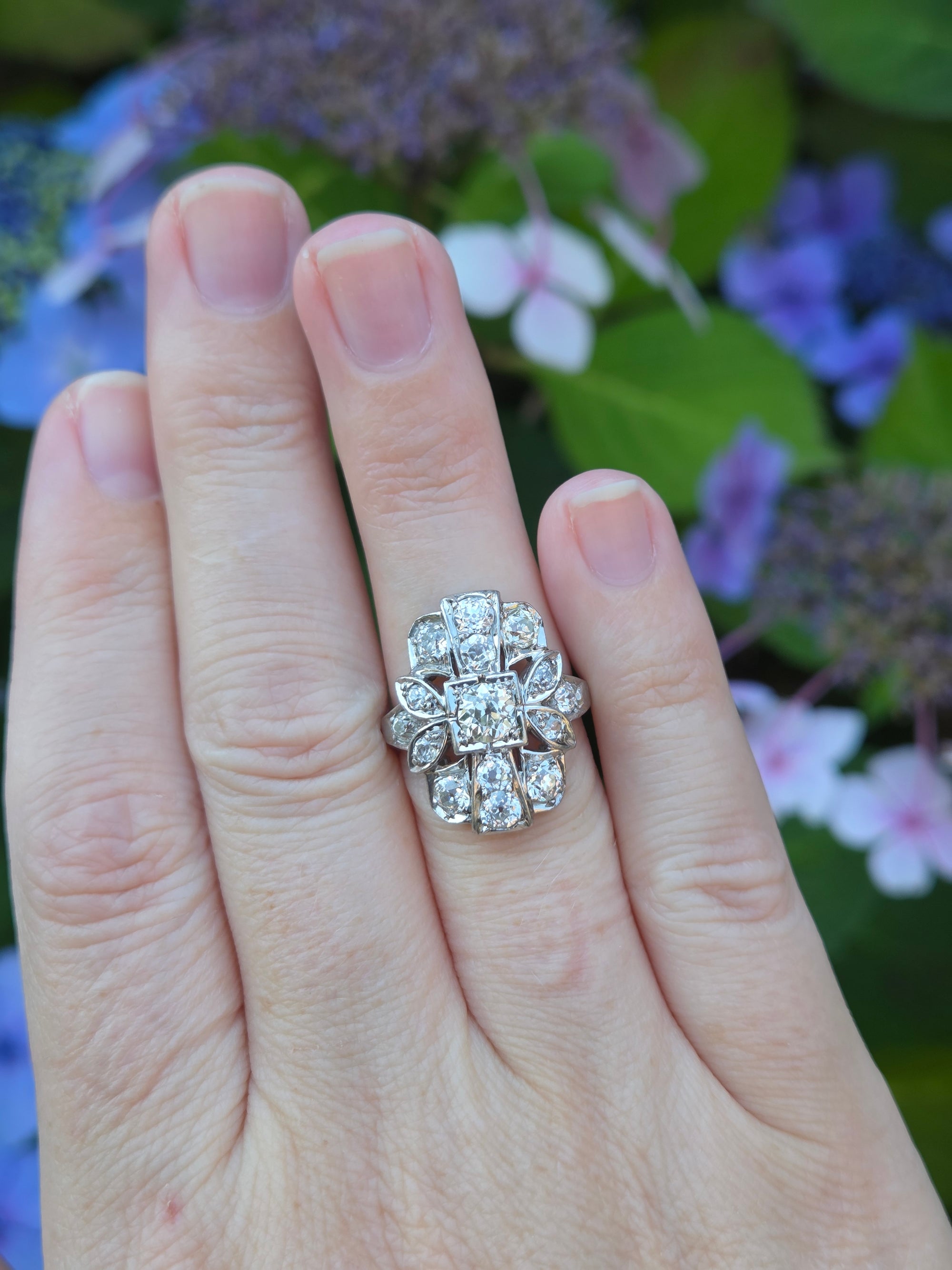 Old European Cut Diamond Cluster Panel Statement Cocktail Ring in Platinum