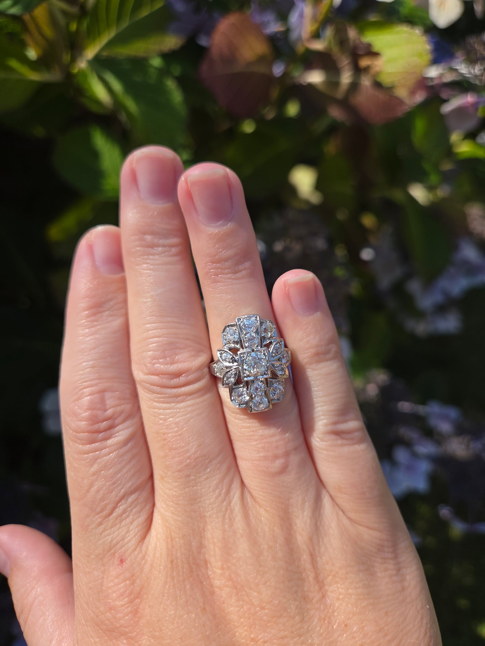 Old European Cut Diamond Cluster Panel Statement Cocktail Ring in Platinum