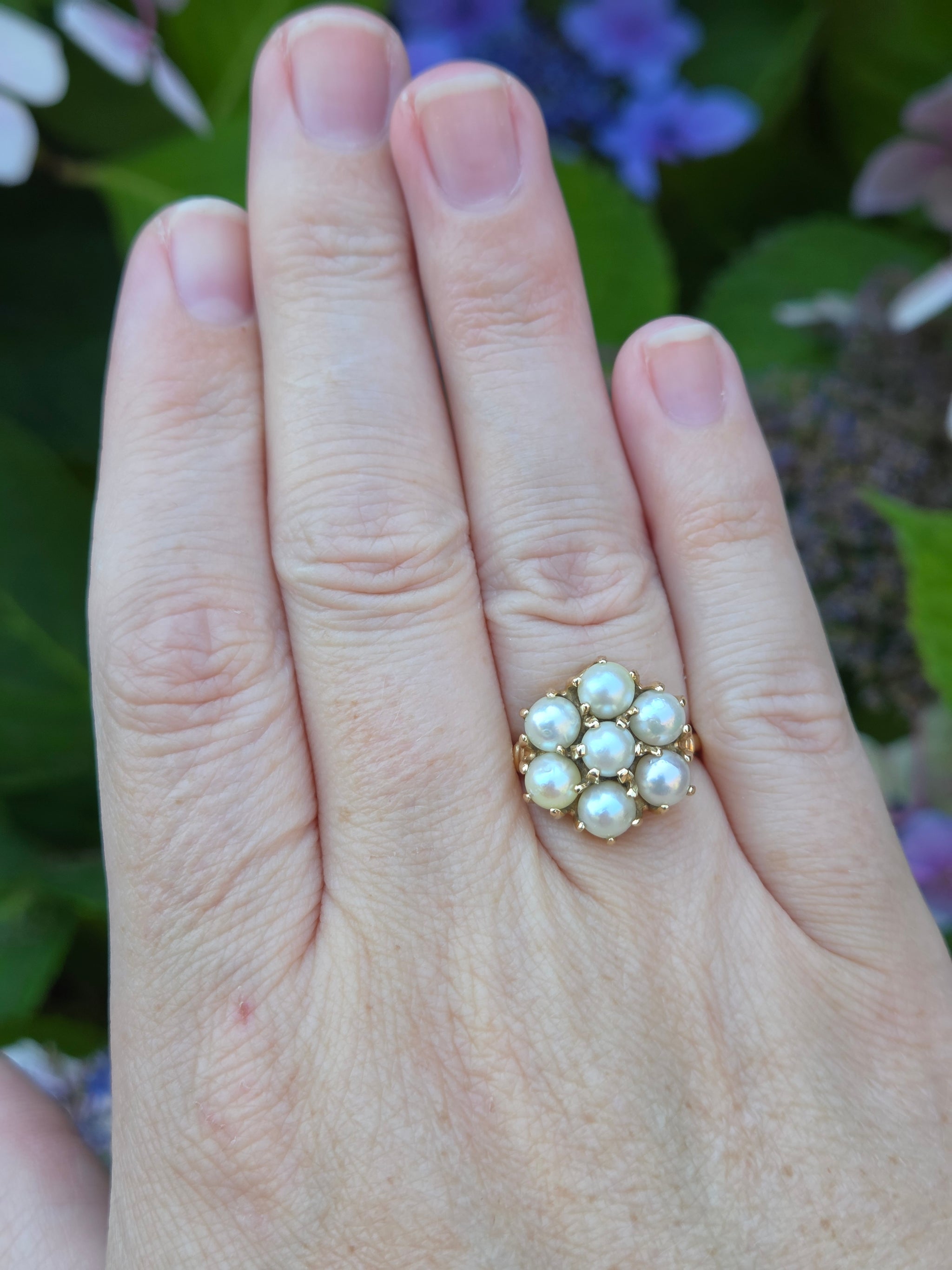 Vintage Pearl Cluster Flower Floral Ring in 14k Yellow Gold