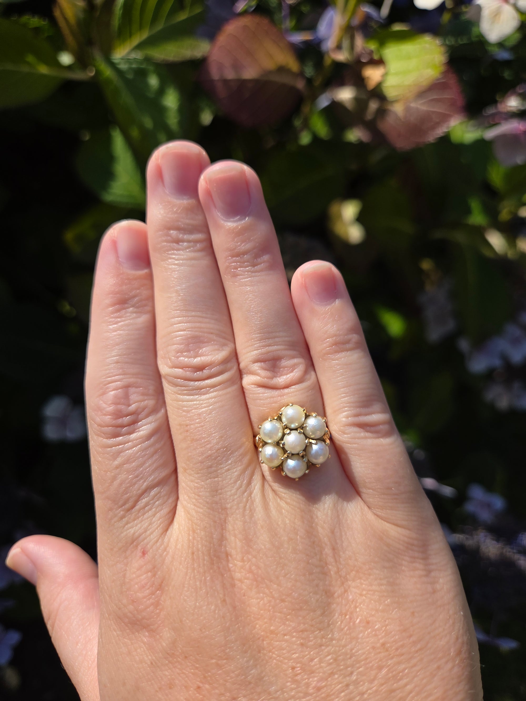 Vintage Pearl Cluster Flower Floral Ring in 14k Yellow Gold