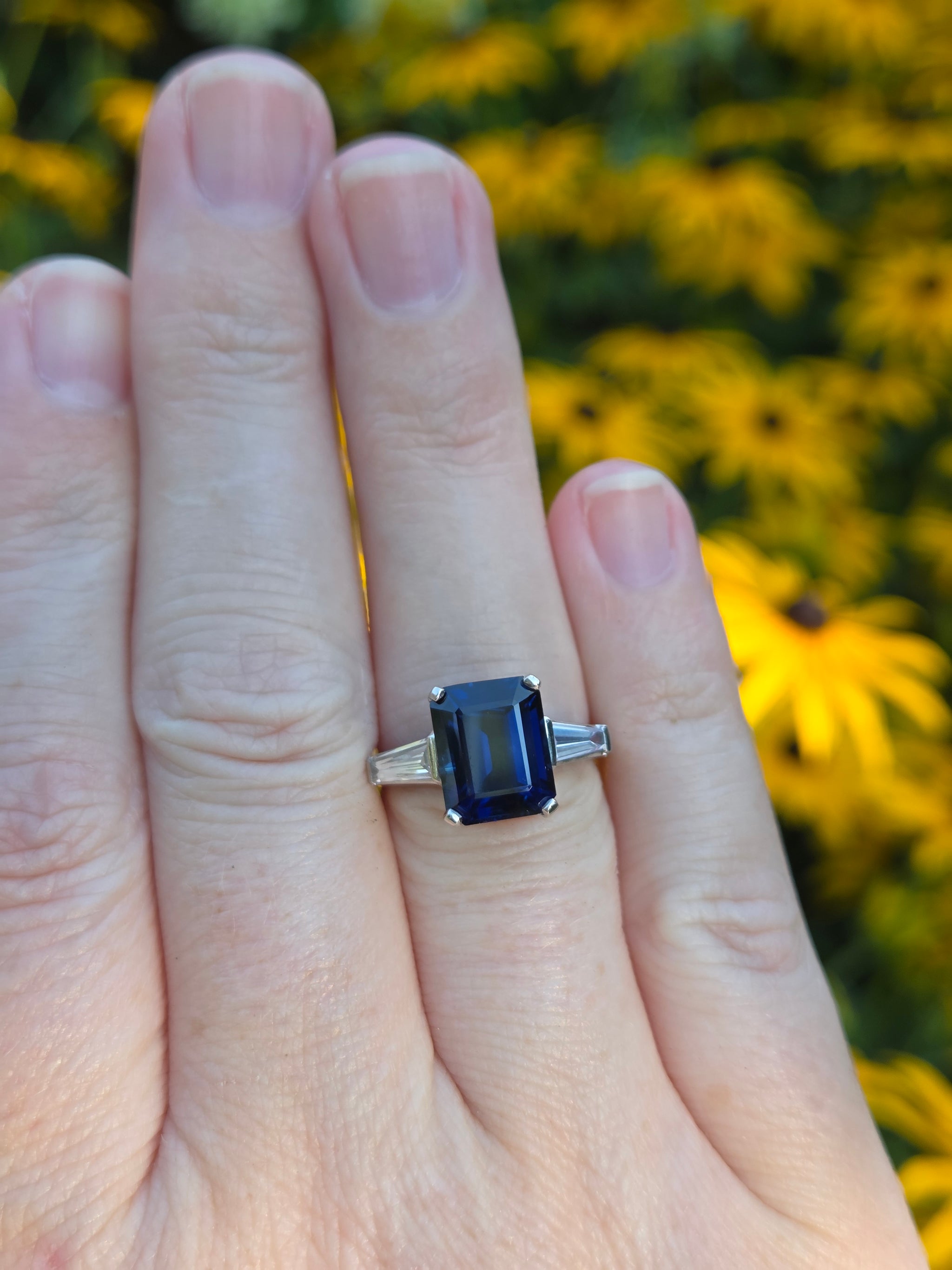 GIA Certified Australian Deep Blue Sapphire and Baguette Diamond Ring in Platinum
