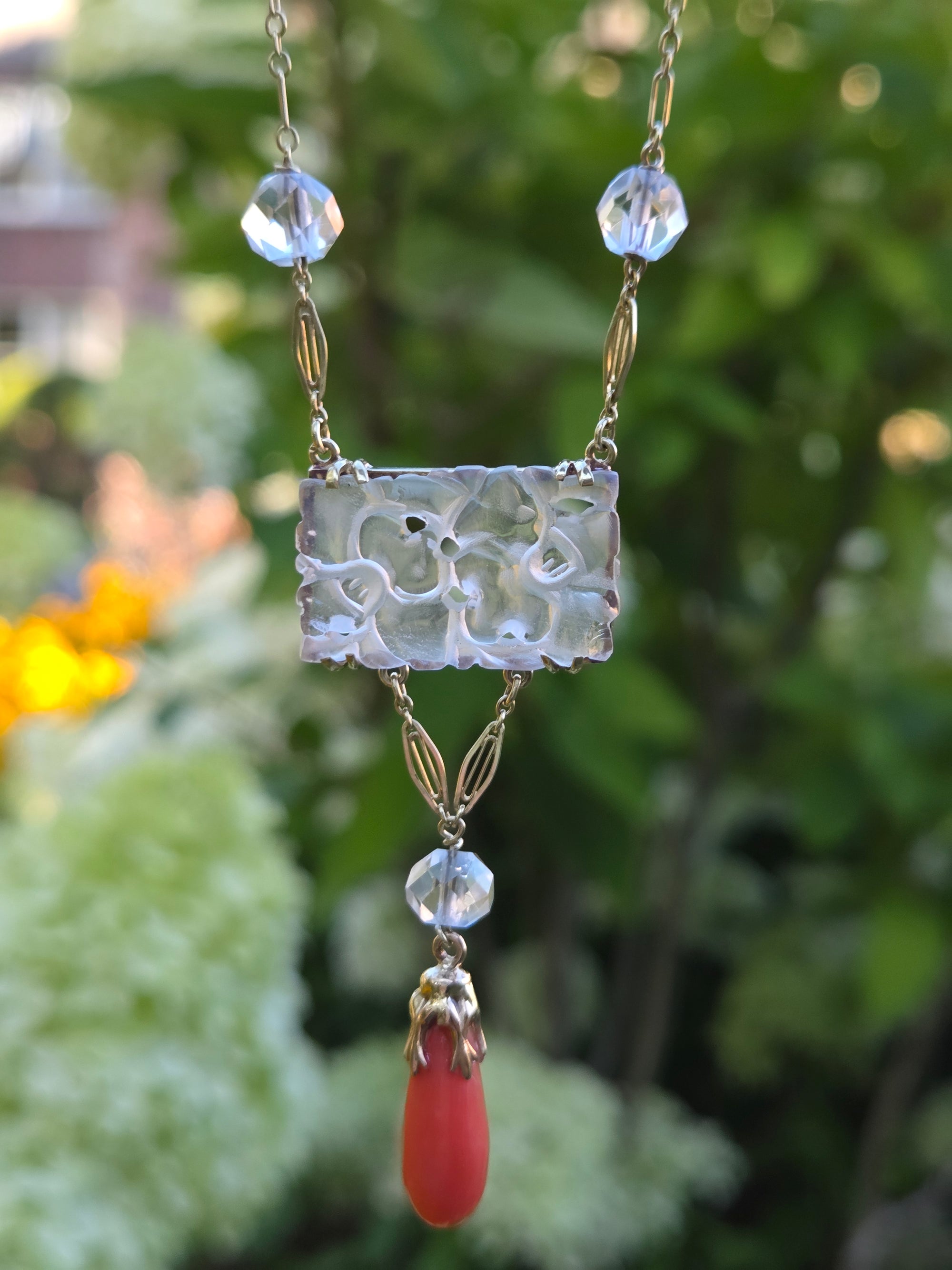 Art Nouveau Rock Crystal Quartz and Coral Drop Necklace in 14k Yellow Gold