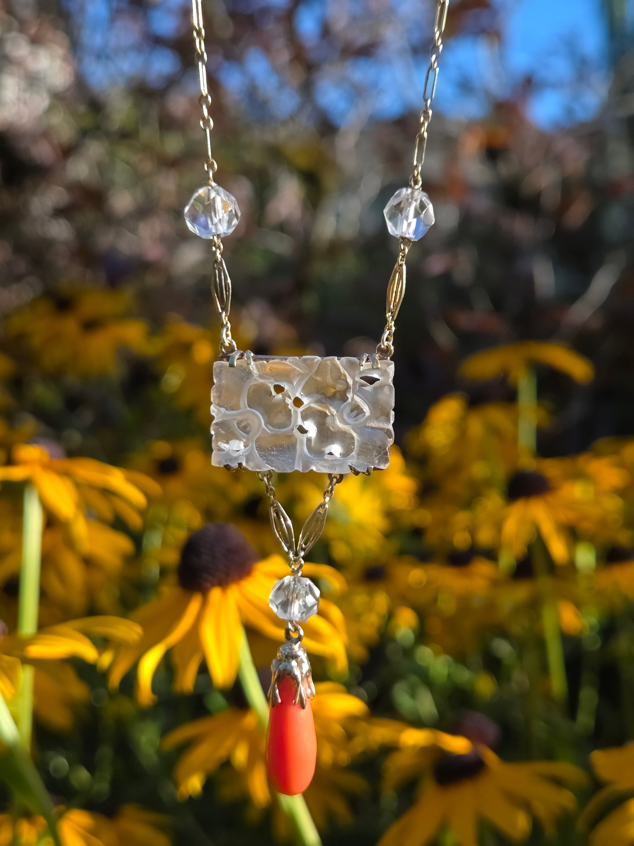 Art Nouveau Rock Crystal Quartz and Coral Drop Necklace in 14k Yellow Gold