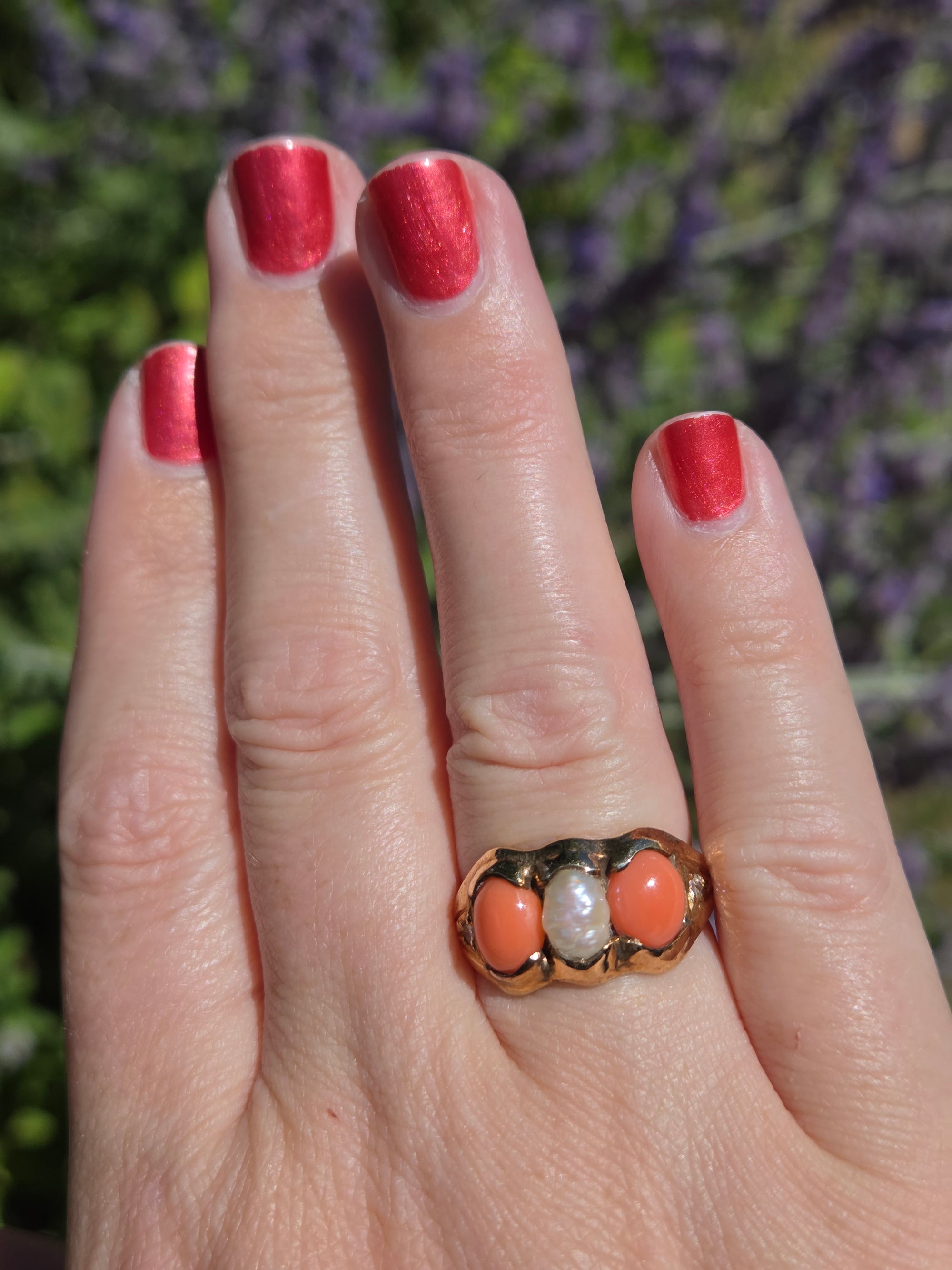 Antique Victorian Coral Pearl and Diamond Bezel Set Ring in 14k Yellow Gold