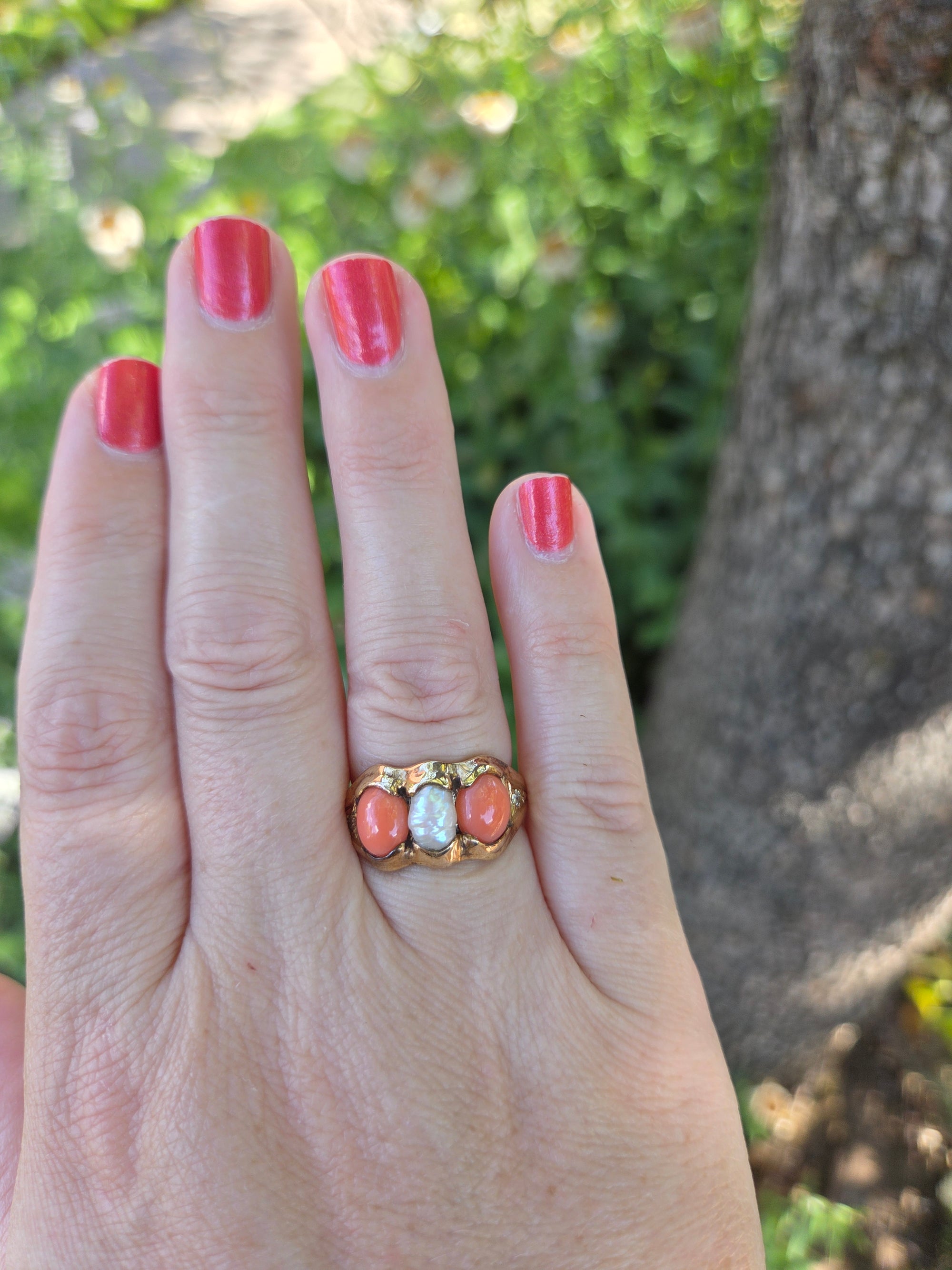 Antique Victorian Coral Pearl and Diamond Bezel Set Ring in 14k Yellow Gold