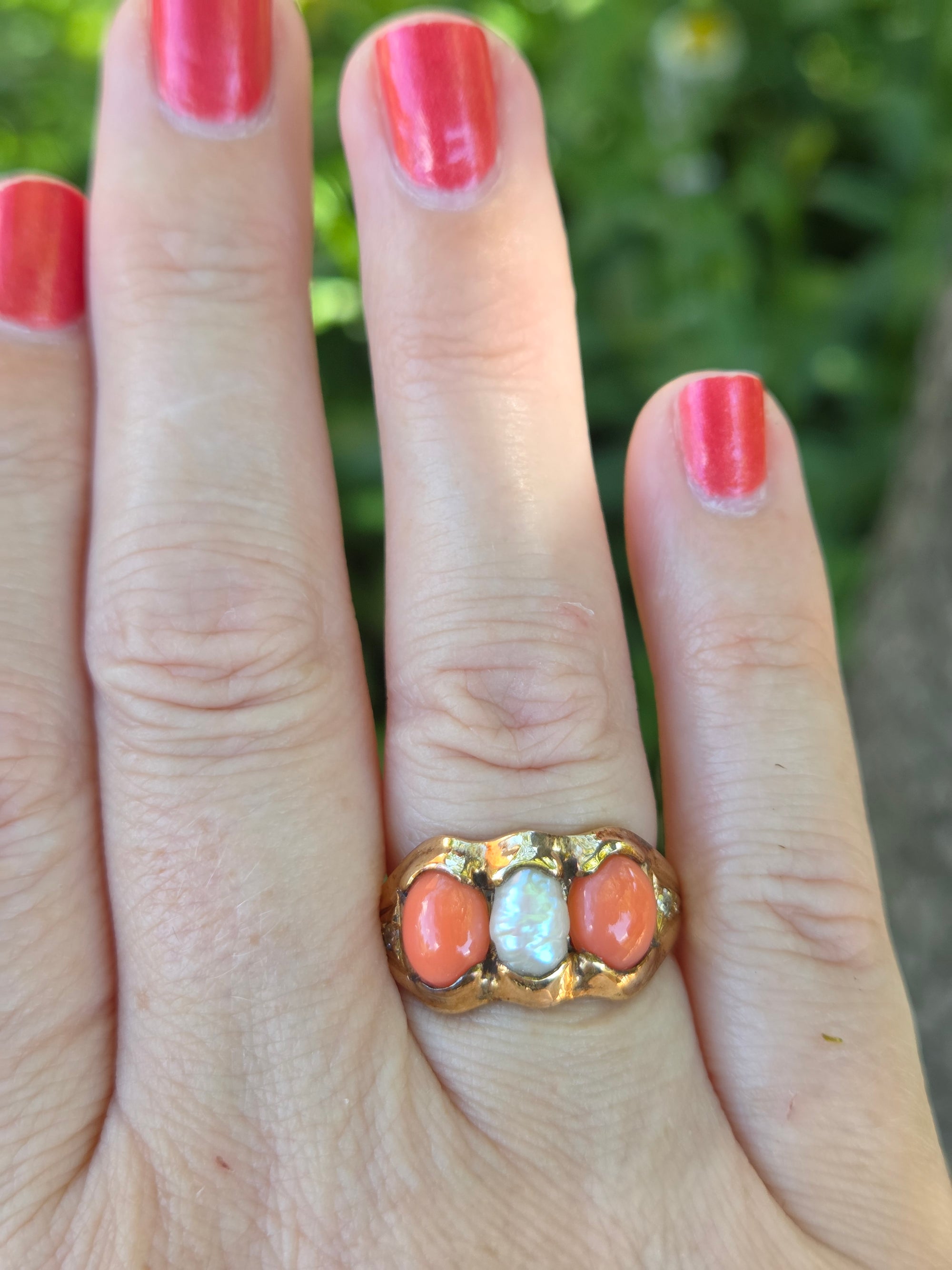 Antique Victorian Coral Pearl and Diamond Bezel Set Ring in 14k Yellow Gold