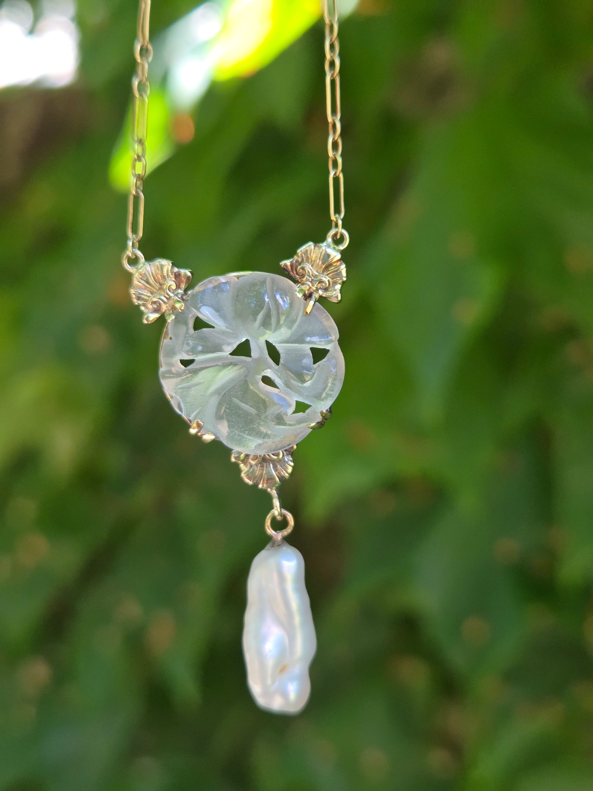 Art Nouveau Rock Crystal Quartz and Pearl Drop Necklace in 14k Yellow Gold
