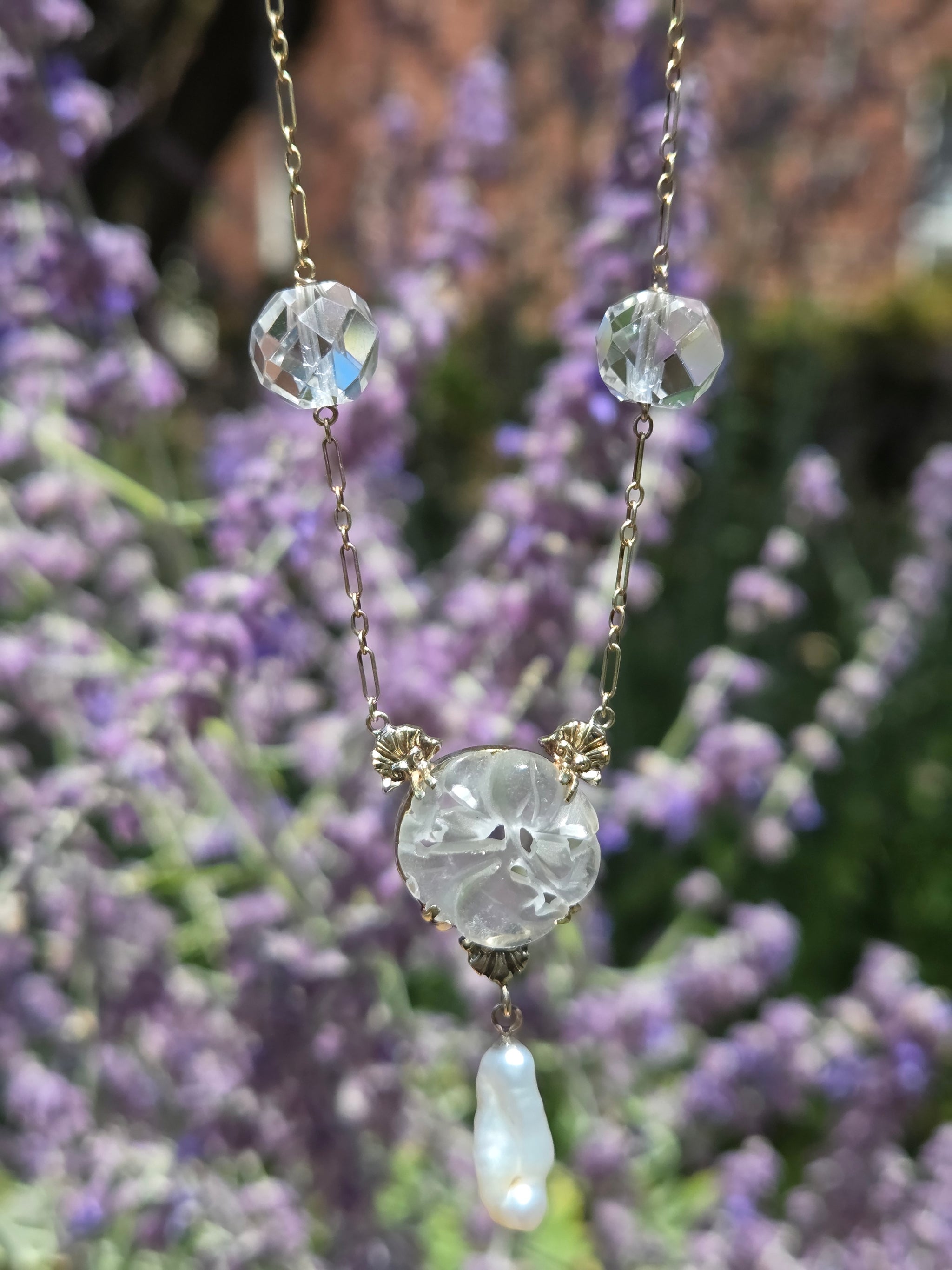 Art Nouveau Rock Crystal Quartz and Pearl Drop Necklace in 14k Yellow Gold
