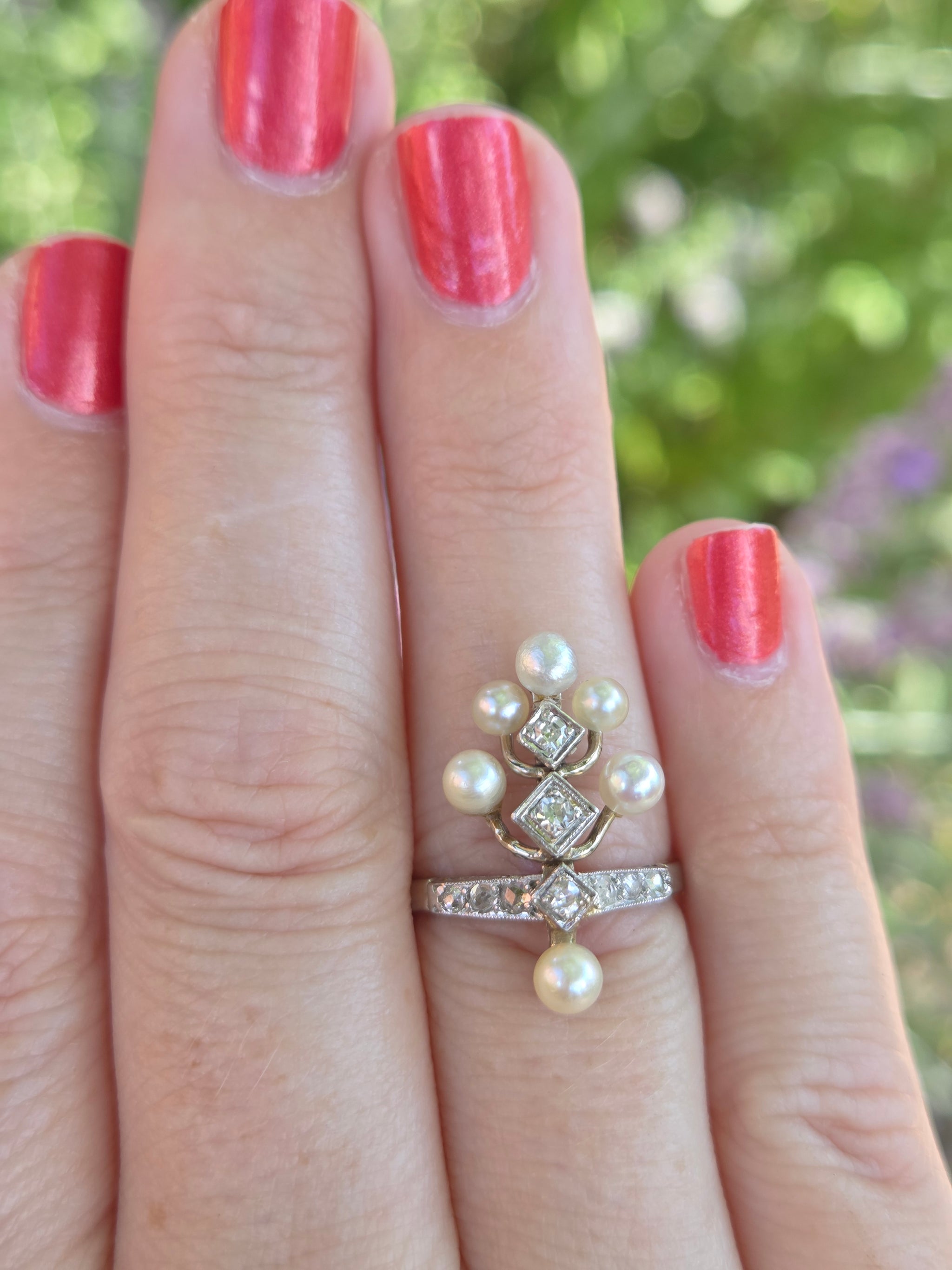 Antique Edwardian Pearl and Diamond Tiara Ring in Platinum and 14k White Gold