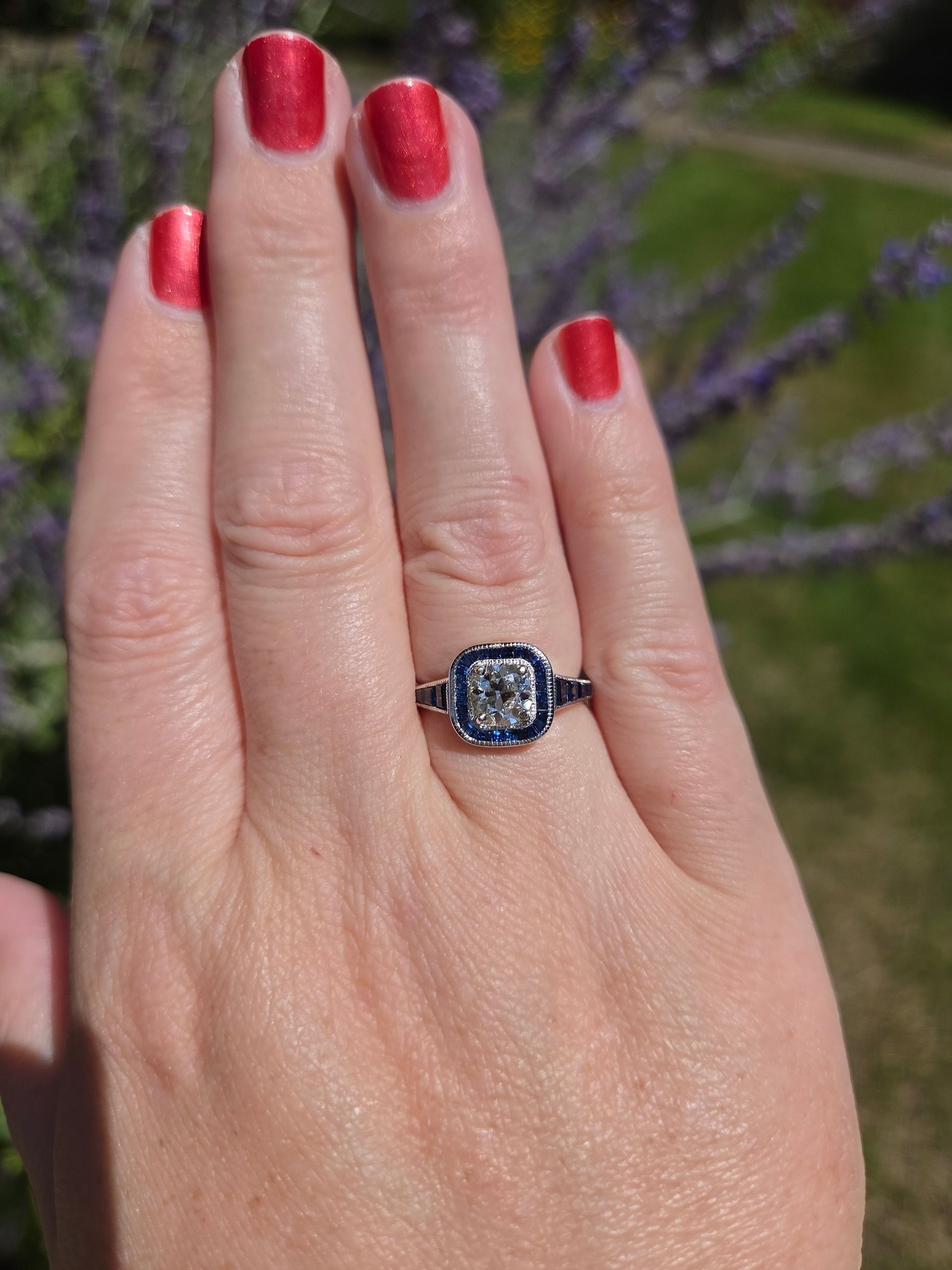 Old European Cut Diamond and Blue Sapphire Halo Ring in 14k White Gold