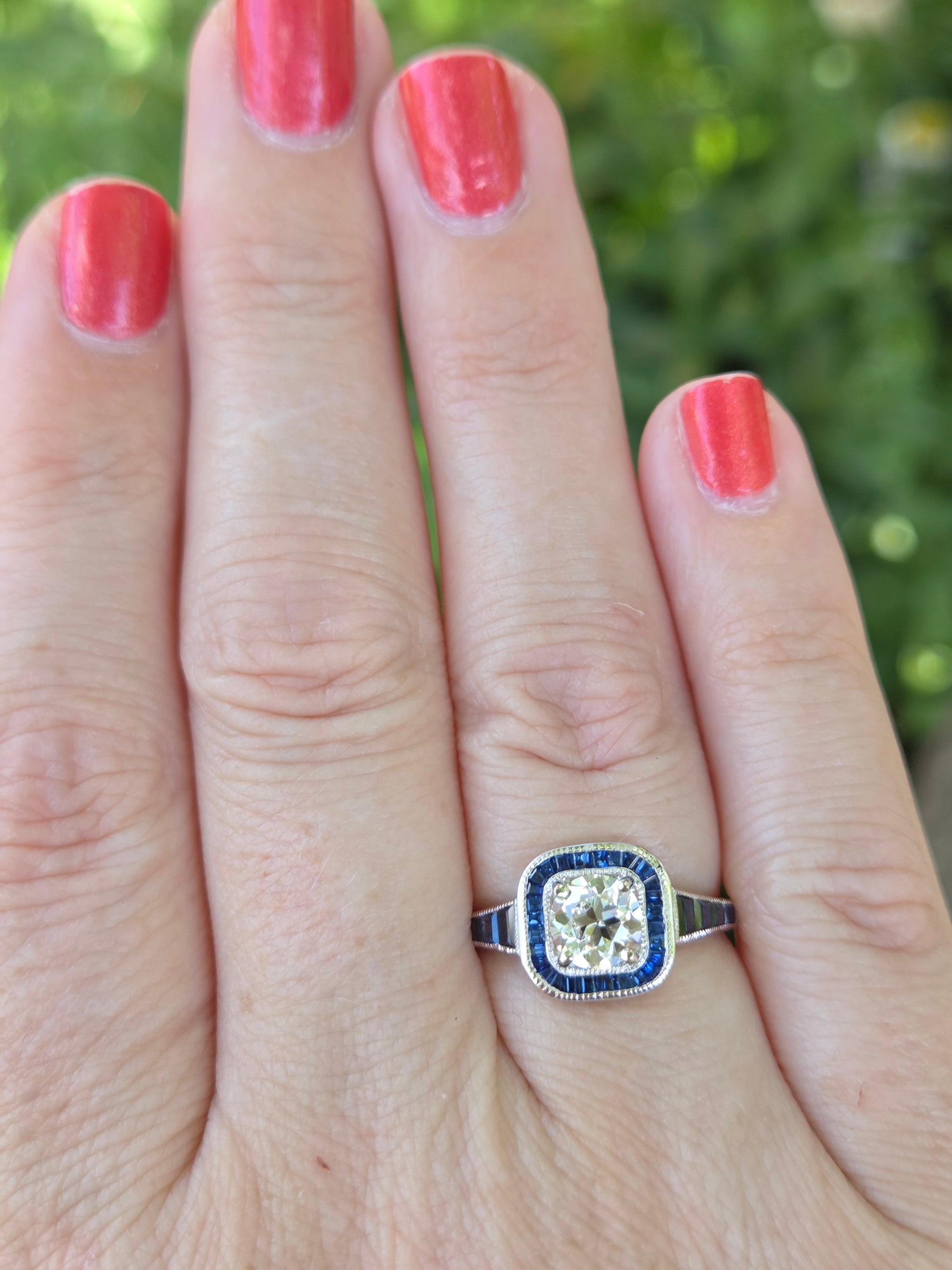 Old European Cut Diamond and Blue Sapphire Halo Ring in 14k White Gold