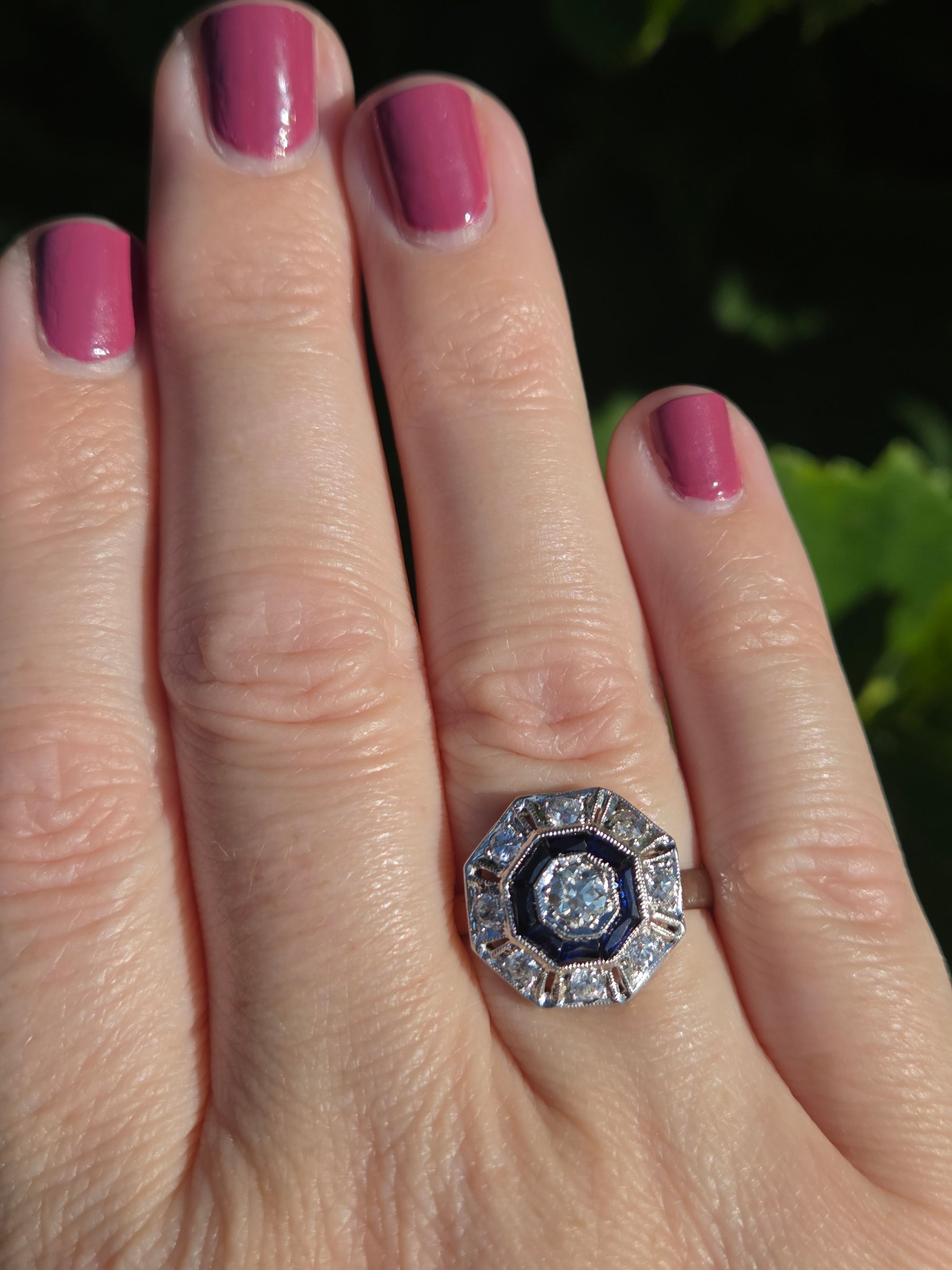 Art Deco Sapphire and Old European Cut Diamond Target Ring in Platinum and 14k