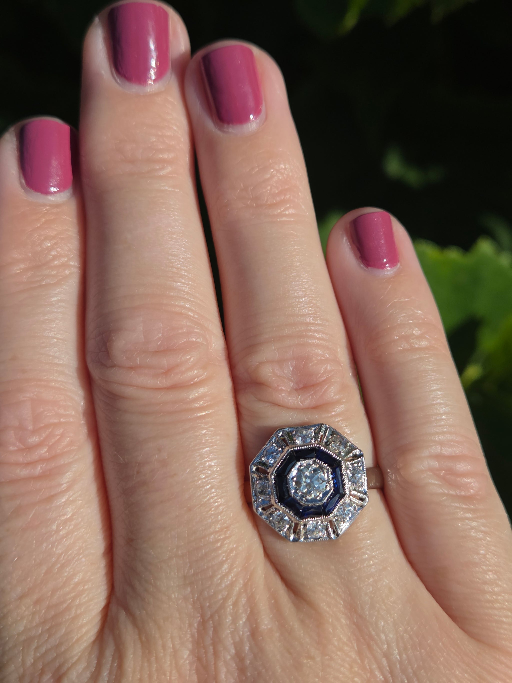Art Deco Sapphire and Old European Cut Diamond Target Ring in Platinum and 14k