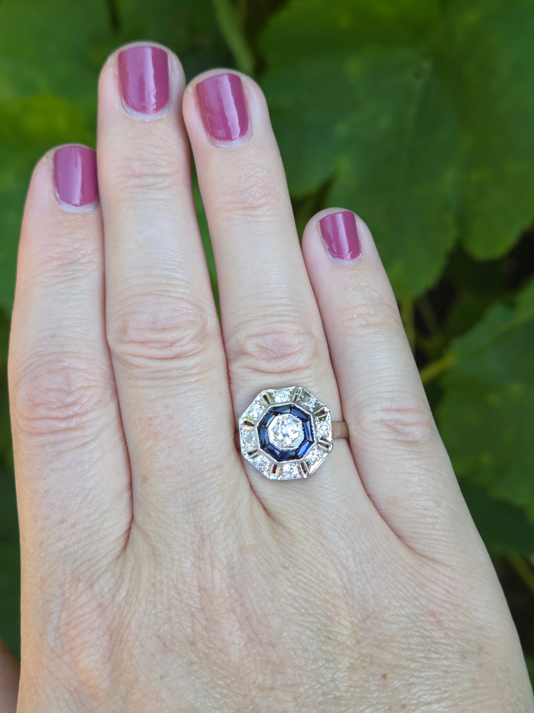 Art Deco Sapphire and Old European Cut Diamond Target Ring in Platinum and 14k
