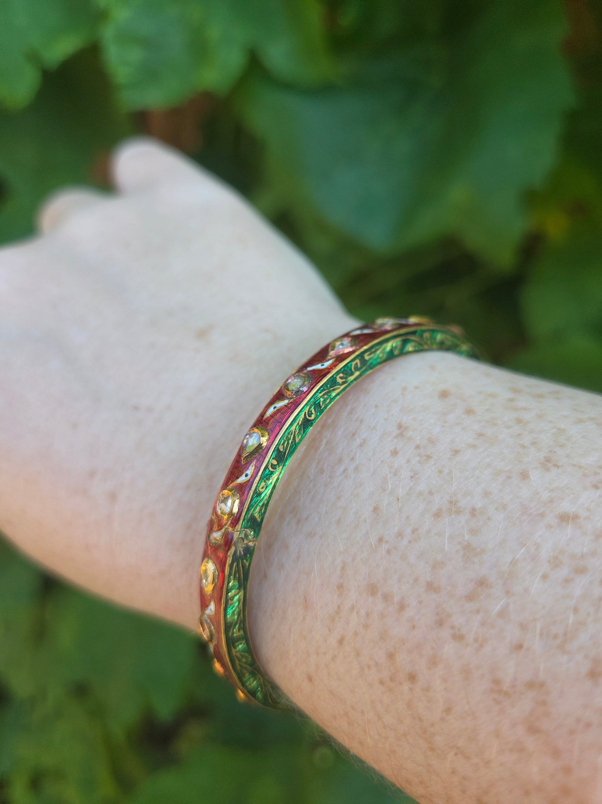 Indian Mughal Style Hinged Bangle with Red & Green Enamel and Polki Diamonds