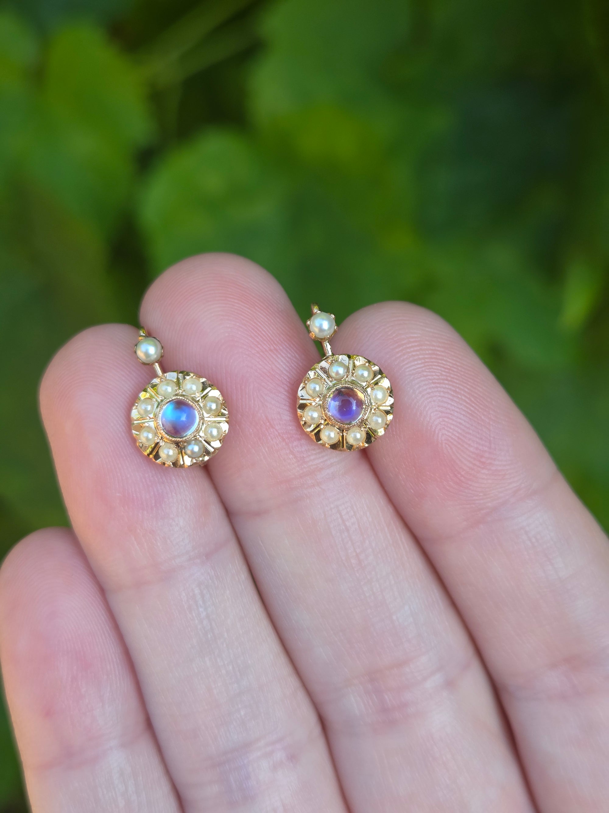 Antique Victorian Moonstone and Pearl Drop Earrings in 14k Rosy Gold