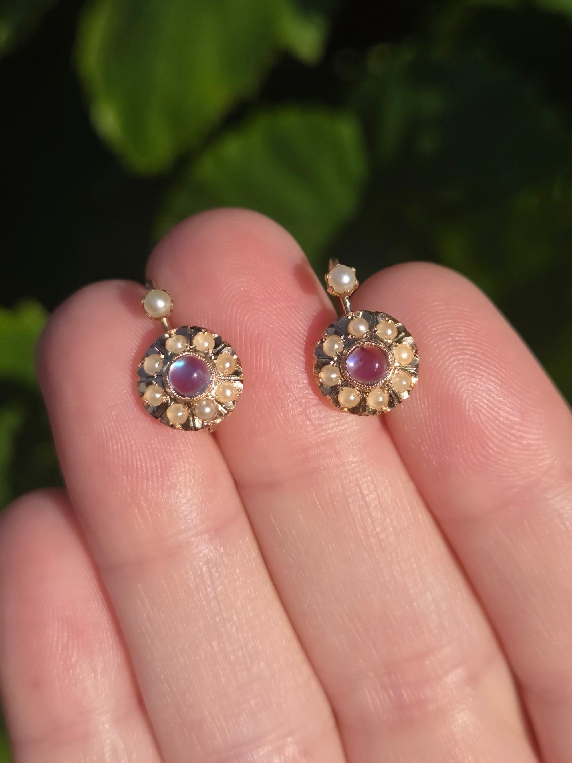Antique Victorian Moonstone and Pearl Drop Earrings in 14k Rosy Gold