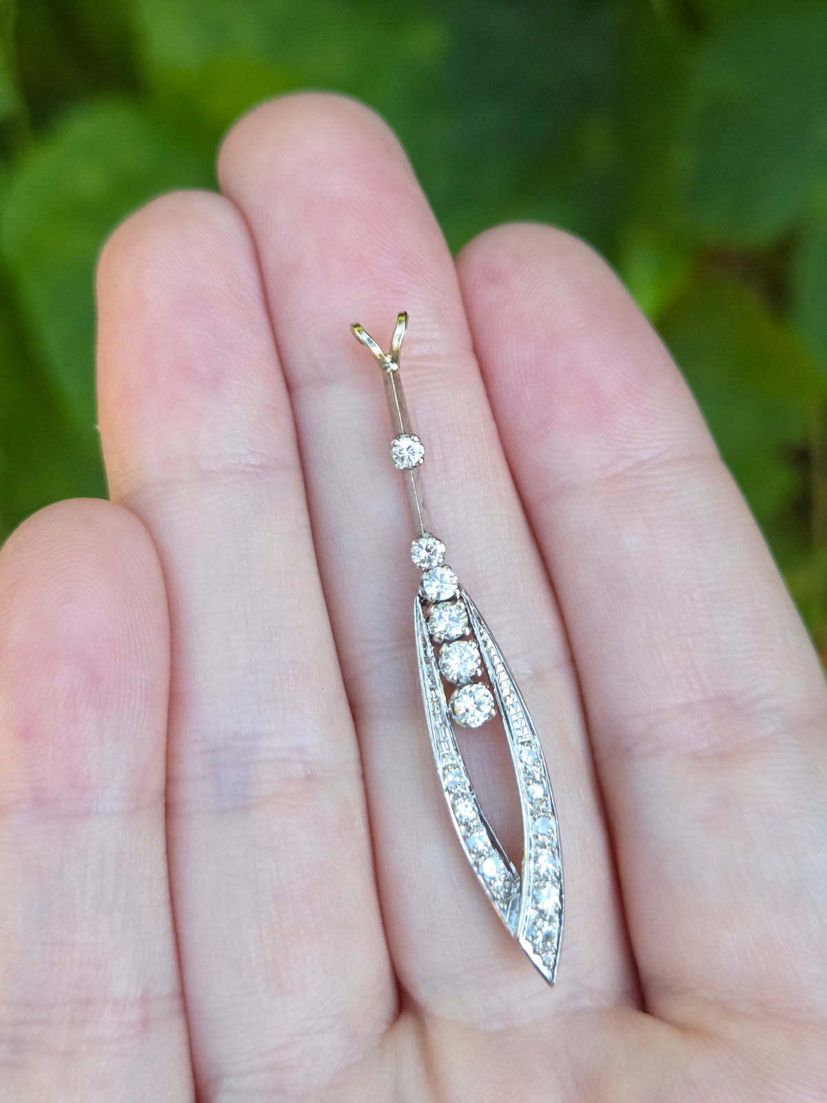 Mid-Century Modern Diamond Elongated Teardrop Pendant Necklace in 14k White Gold