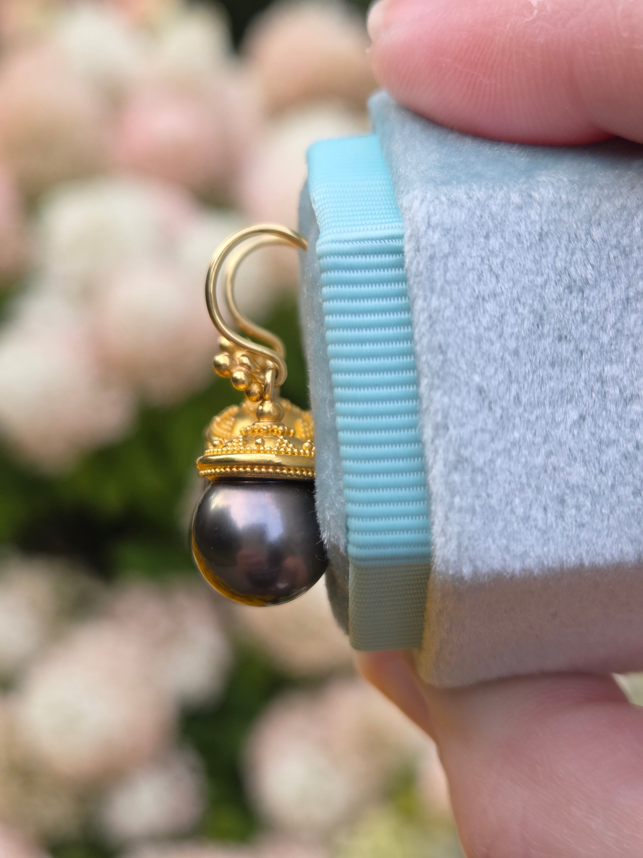 Sleek Black Tahitian Pearl Dangle Earrings in 18k Yellow Gold
